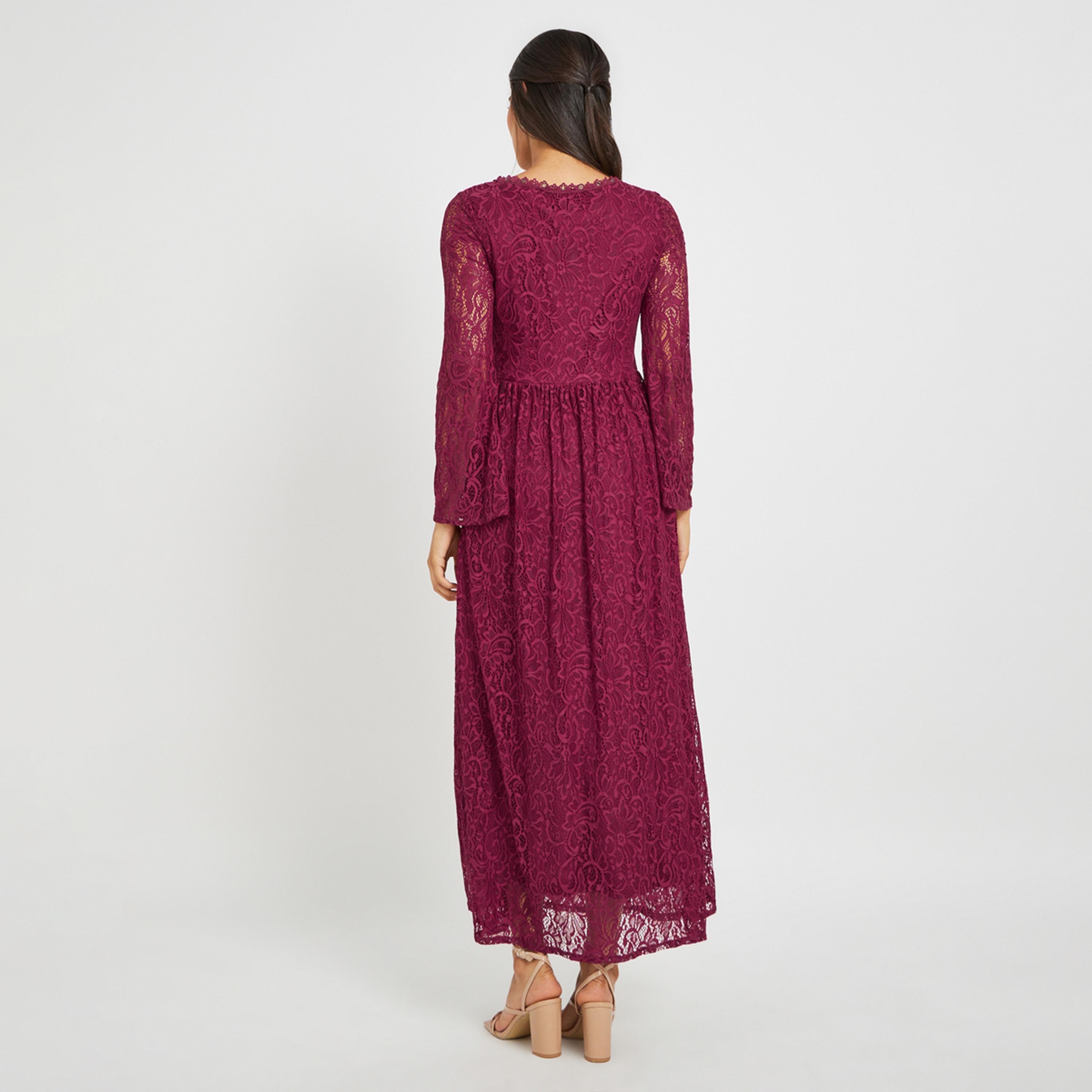 ستايلي - فستان ماكسي بأكمام طويلة من الدانتيل وقصة A-women-clothing-dresses-image-4