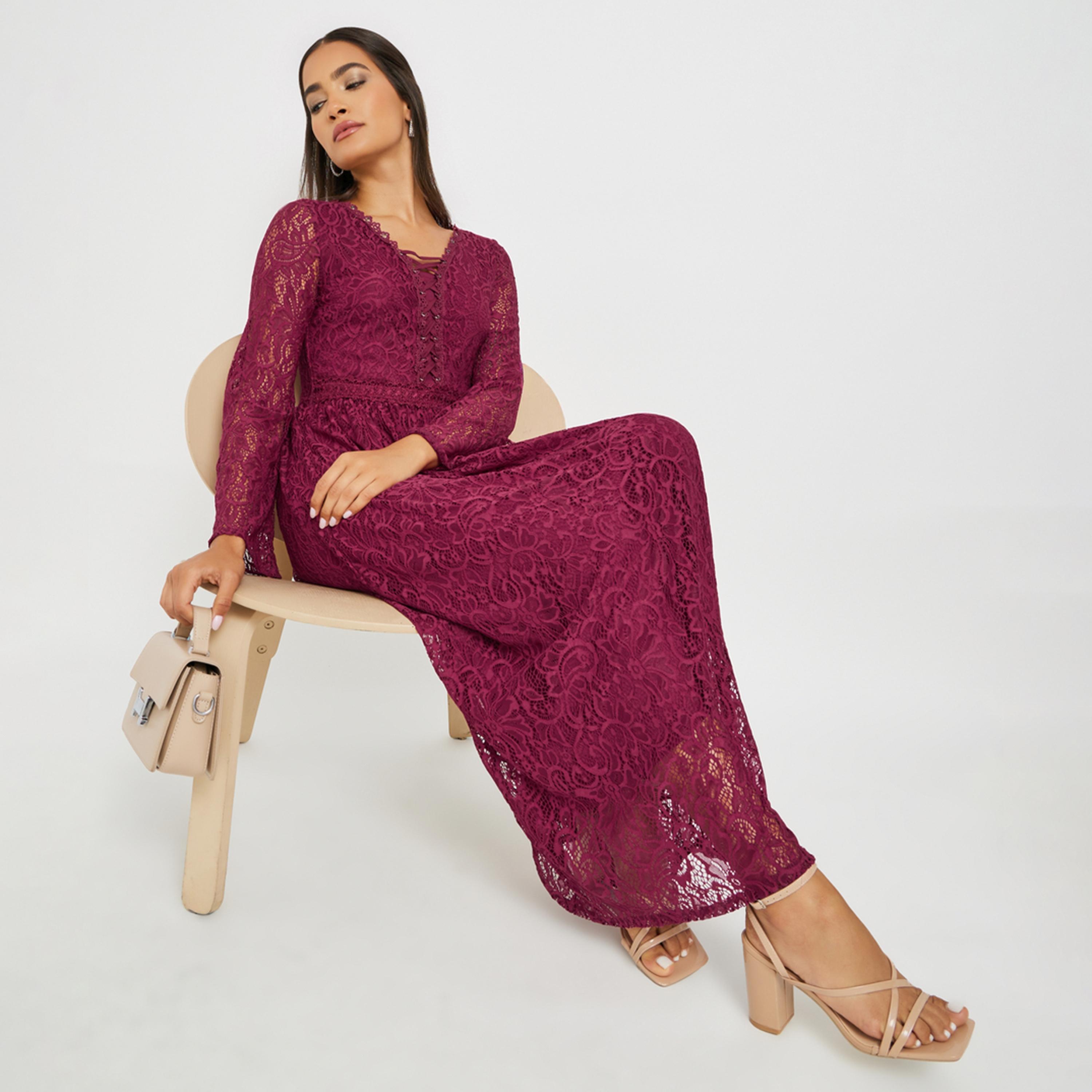 ستايلي - فستان ماكسي بأكمام طويلة من الدانتيل وقصة A-women-clothing-dresses-image-5