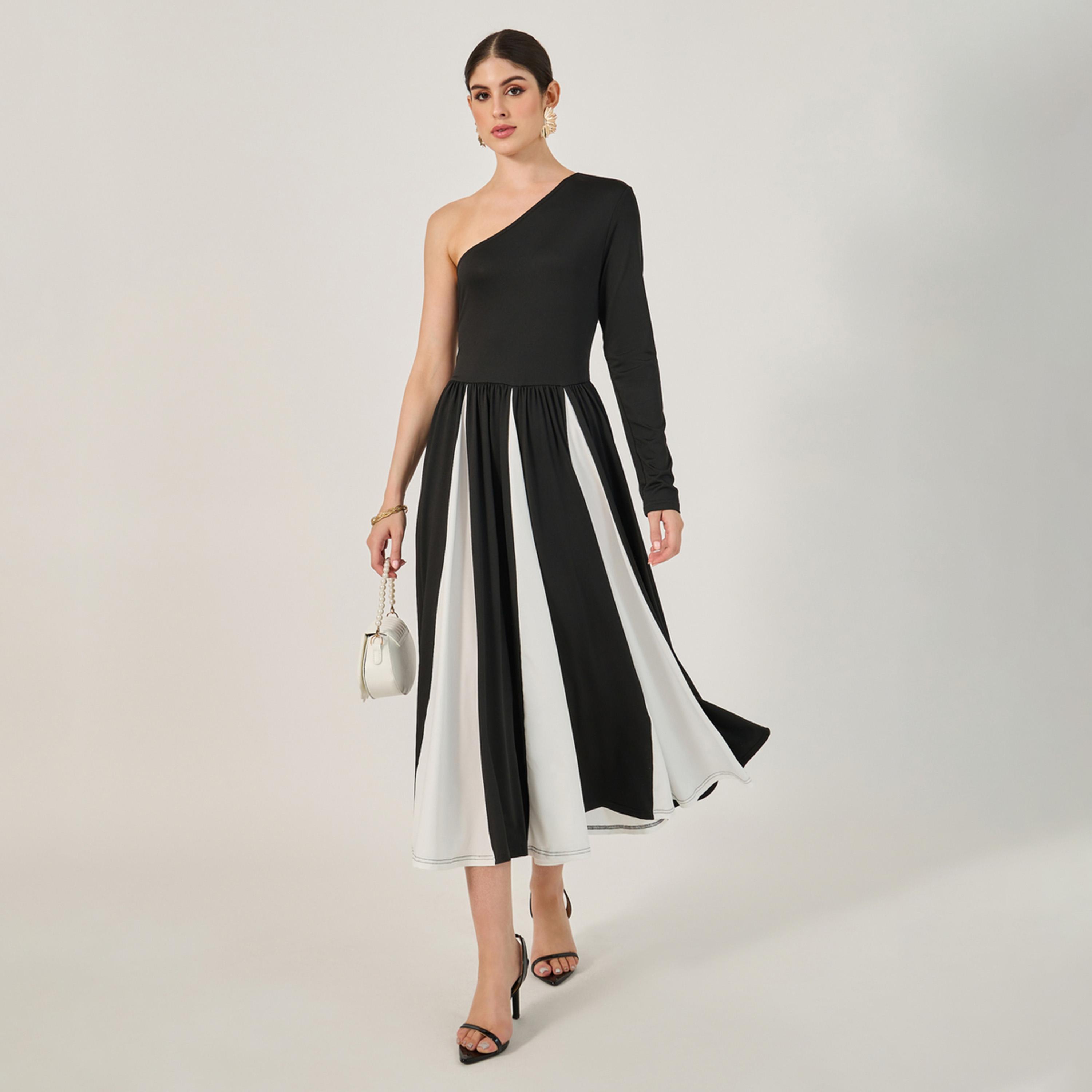 Styli Color Block One Shoulder A-Line Midi Dress-women-clothing-dresses-image-1