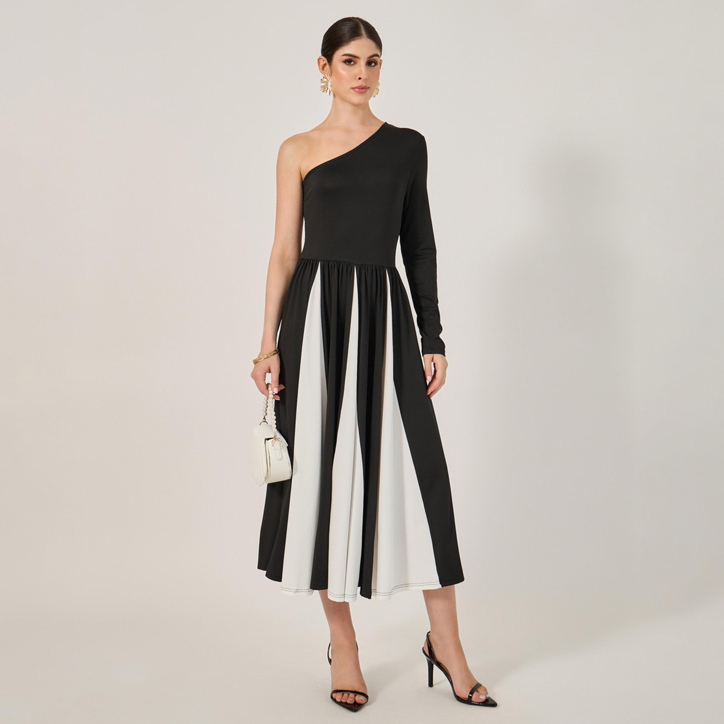 Styli Color Block One Shoulder A-Line Midi Dress-women-clothing-dresses-image-2