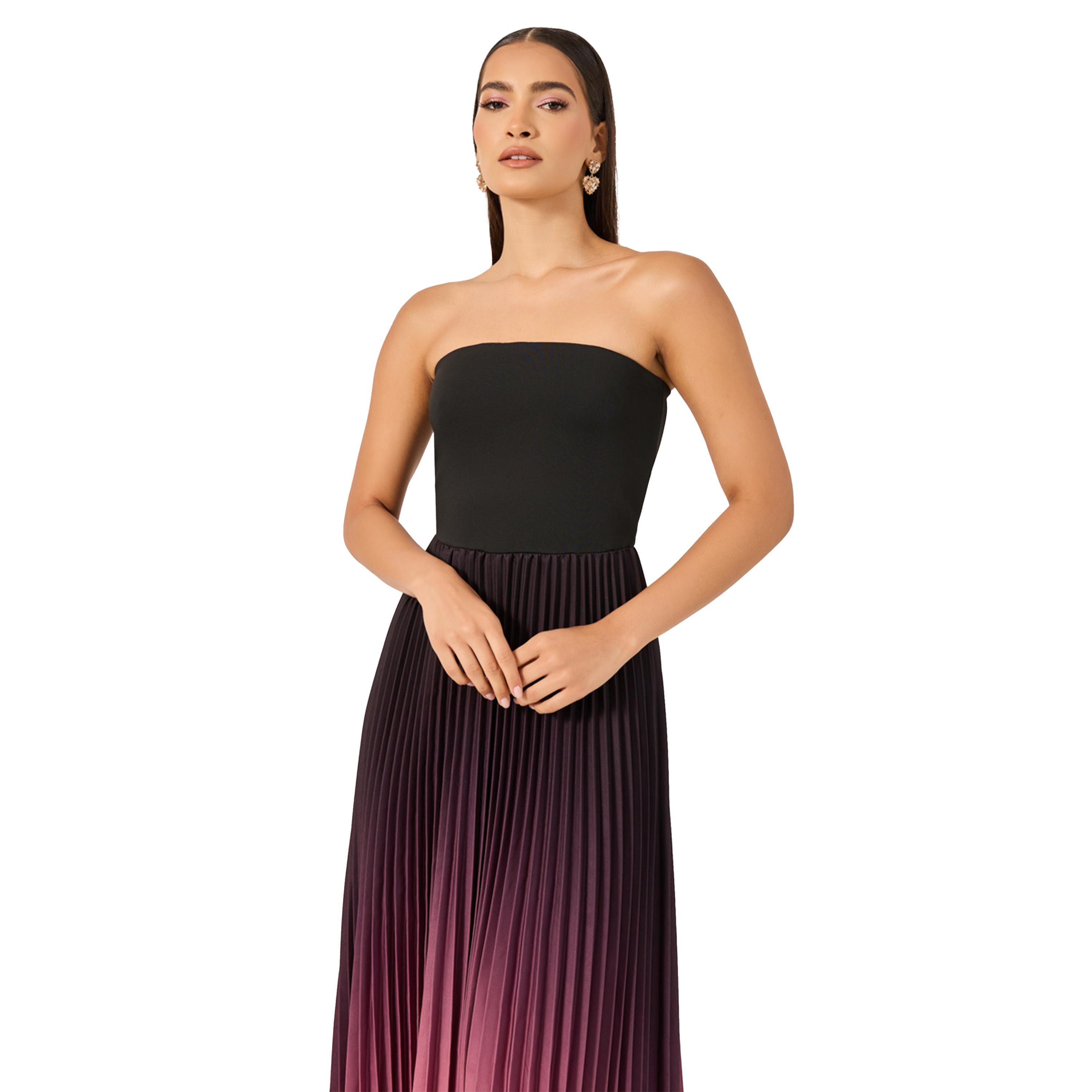 ستايلي - فستان ميدي بدون حمالات بلون أومبري وكسرات أكورديون-women-clothing-dresses-image-3