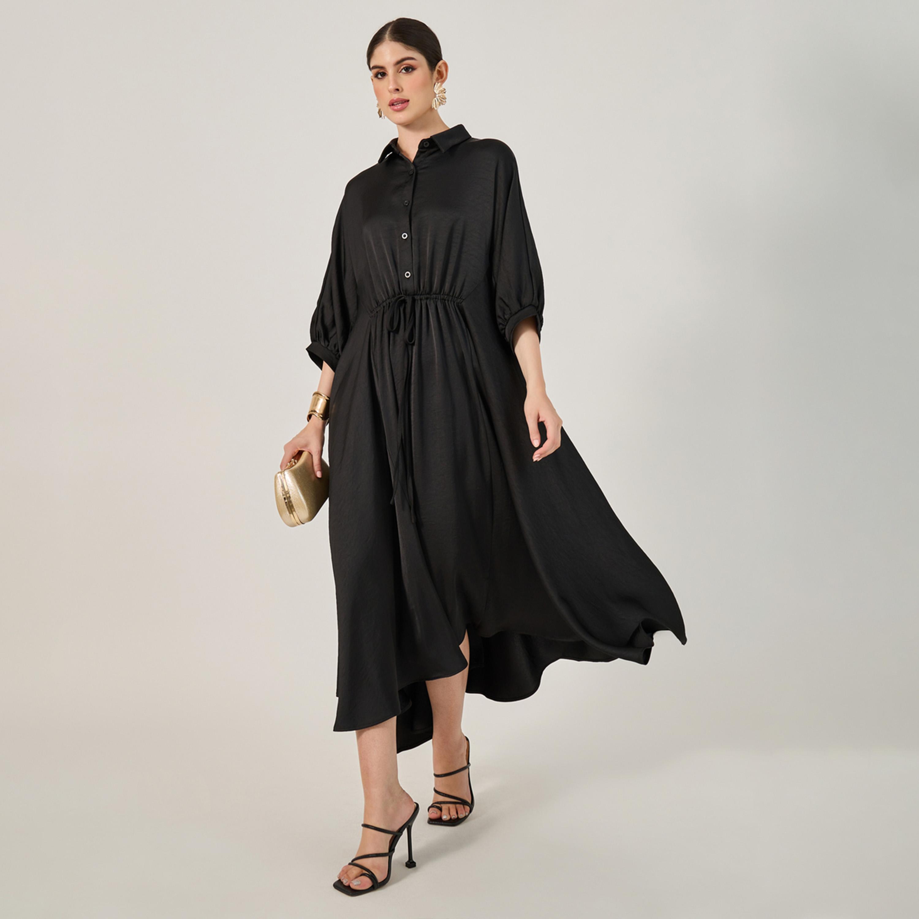 ستايلي - فستان متوسط الطول بنمط قميص وأزرار وخصر مكشكش-women-clothing-dresses-image-1