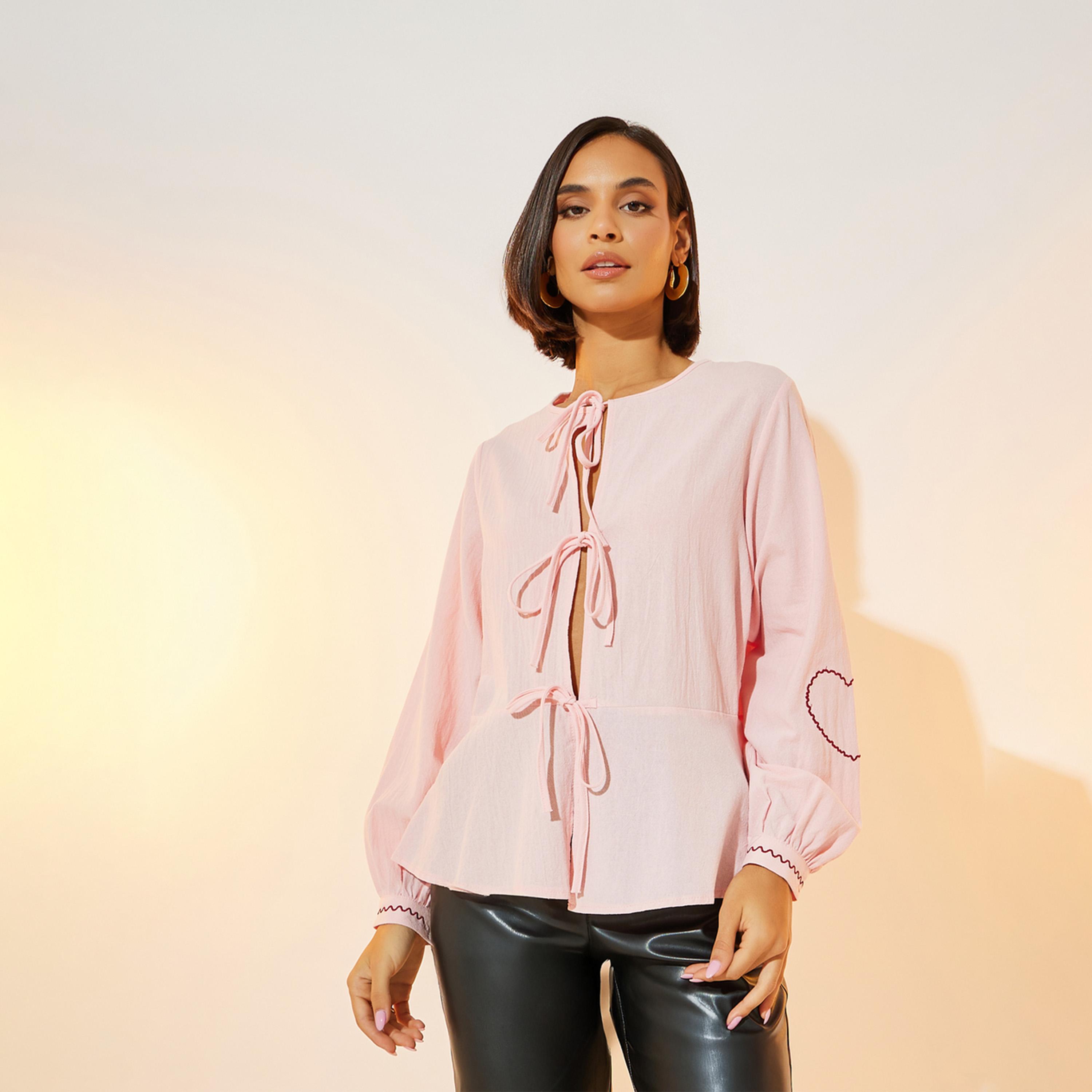 Take Two Balloon Sleeve Embroidery Detail Front Tie Top-women-clothing-shirtsandblouses-blouses-image-1