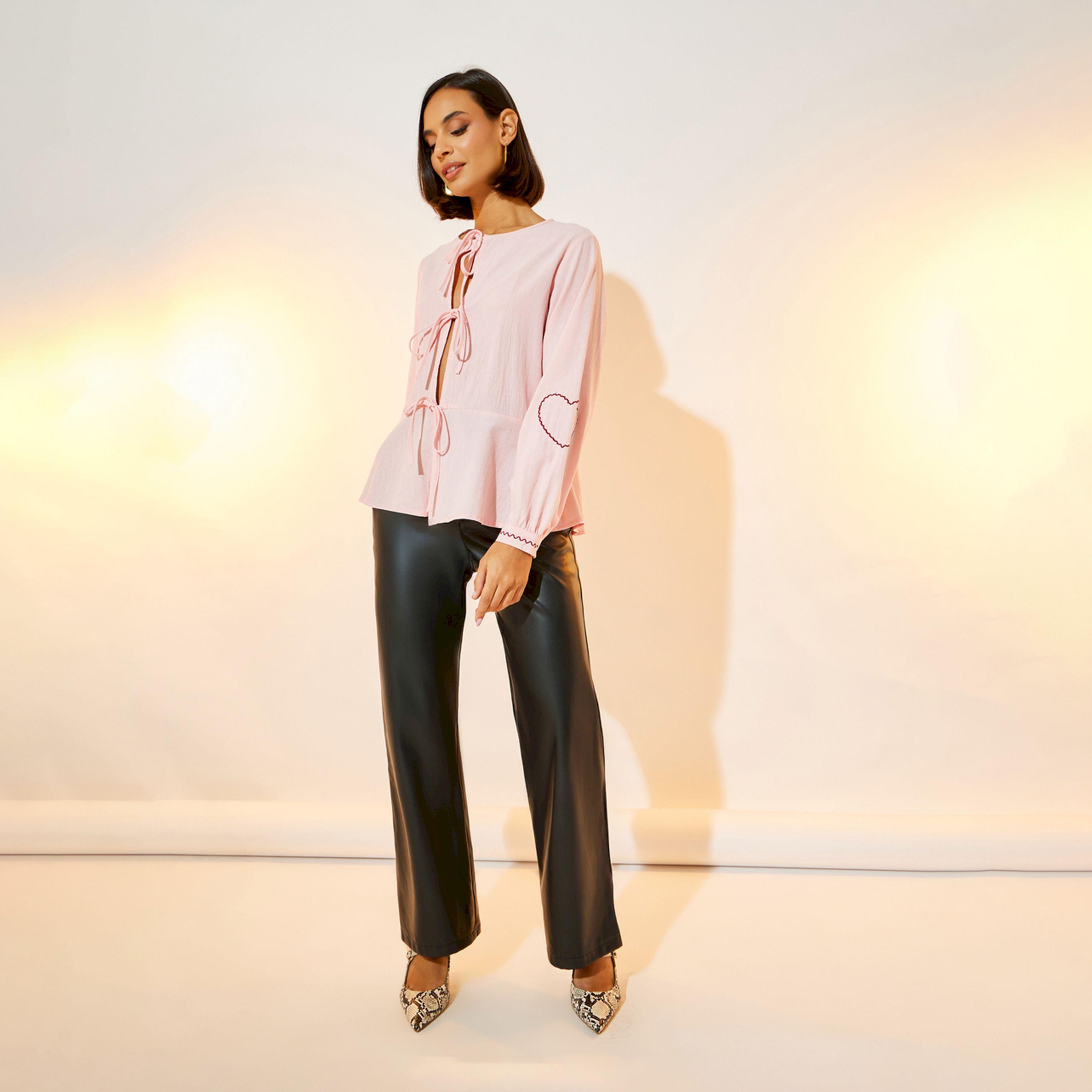 Take Two Balloon Sleeve Embroidery Detail Front Tie Top-women-clothing-shirtsandblouses-blouses-image-2