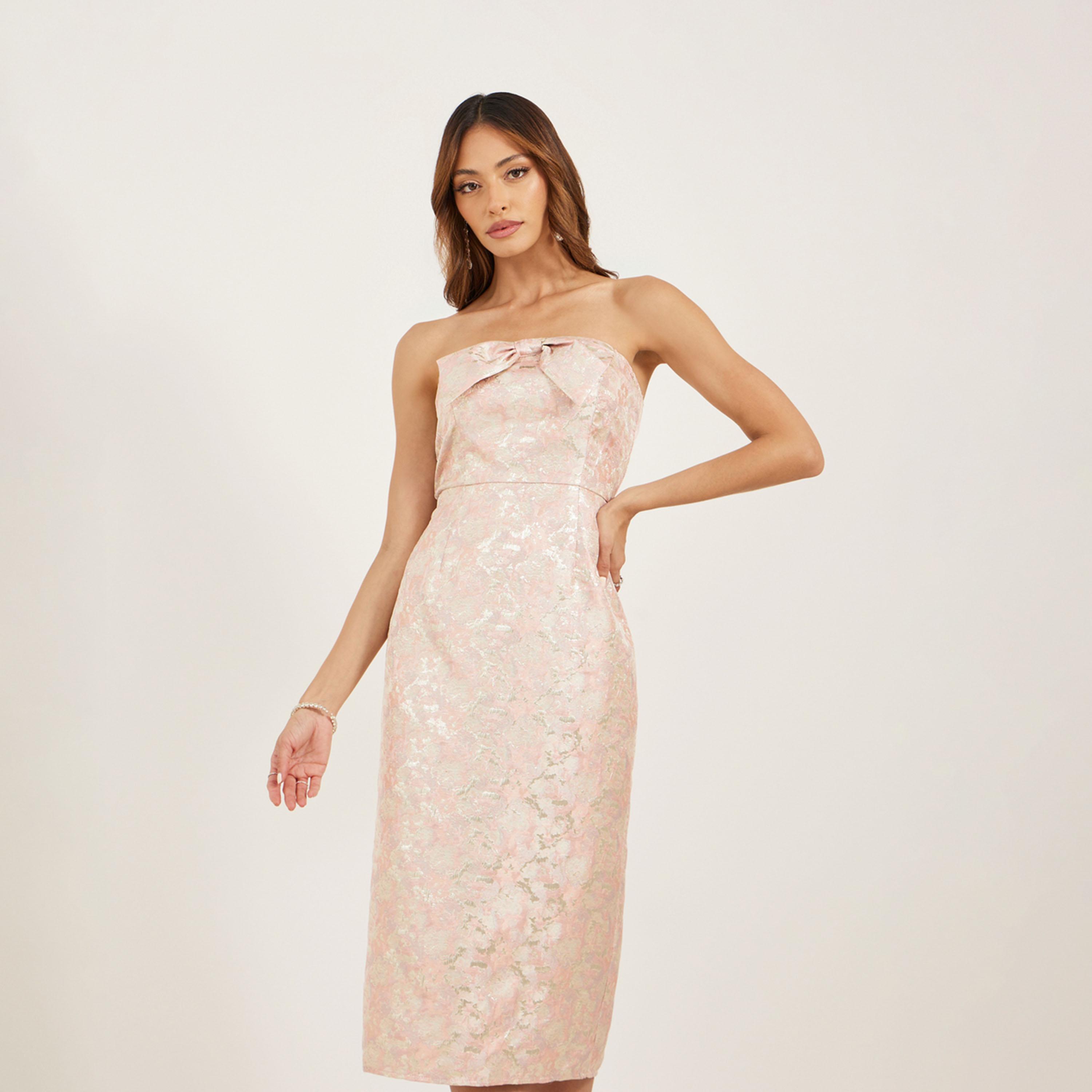 ستايلي - فستان ميدي بدون حمالات بتصميم ذاتي مع فيونكة-women-clothing-dresses-image-3