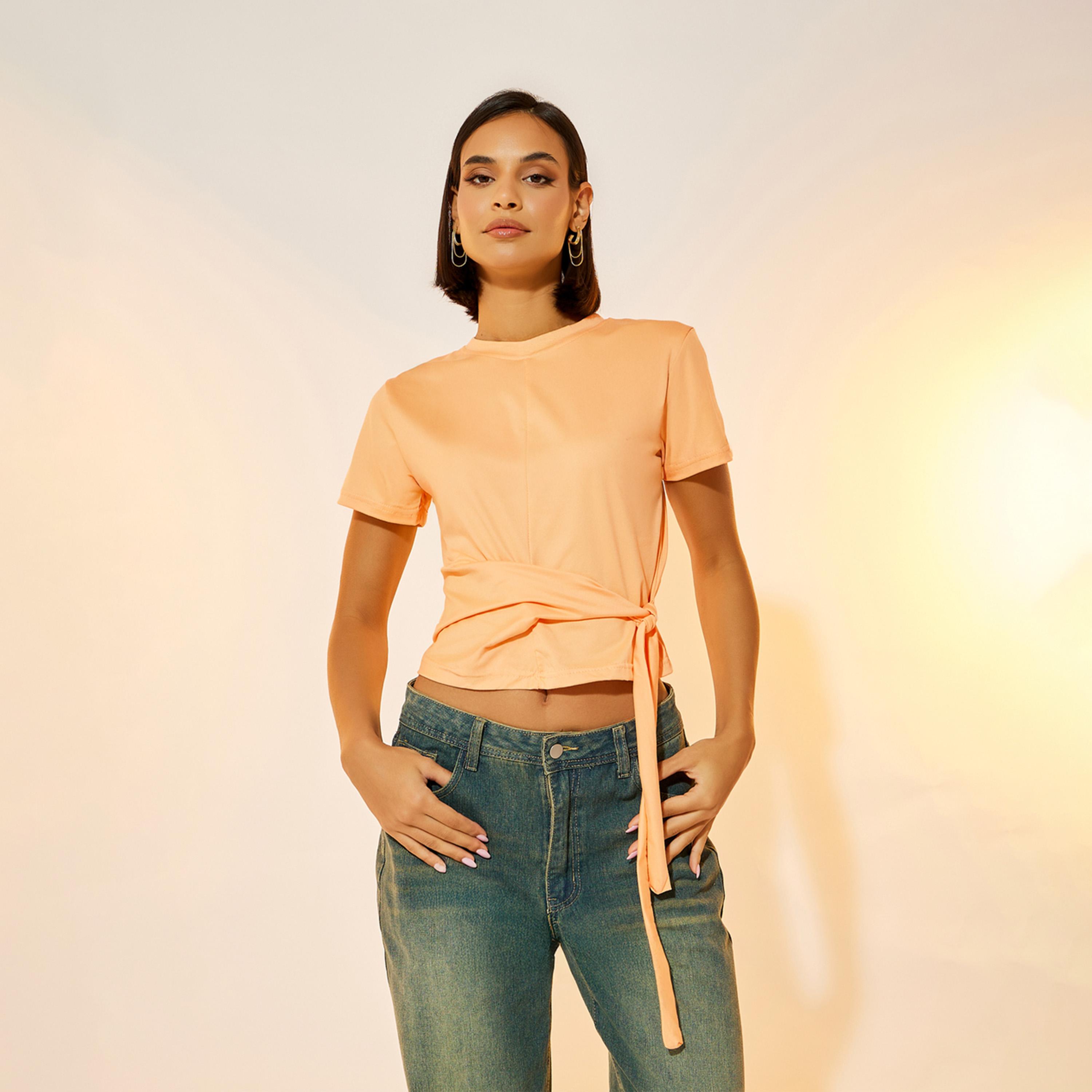 بلوزة سادة بياقة دائرية ونمط لف مع أربطة-women-clothing-shirtsandblouses-blouses-image-4