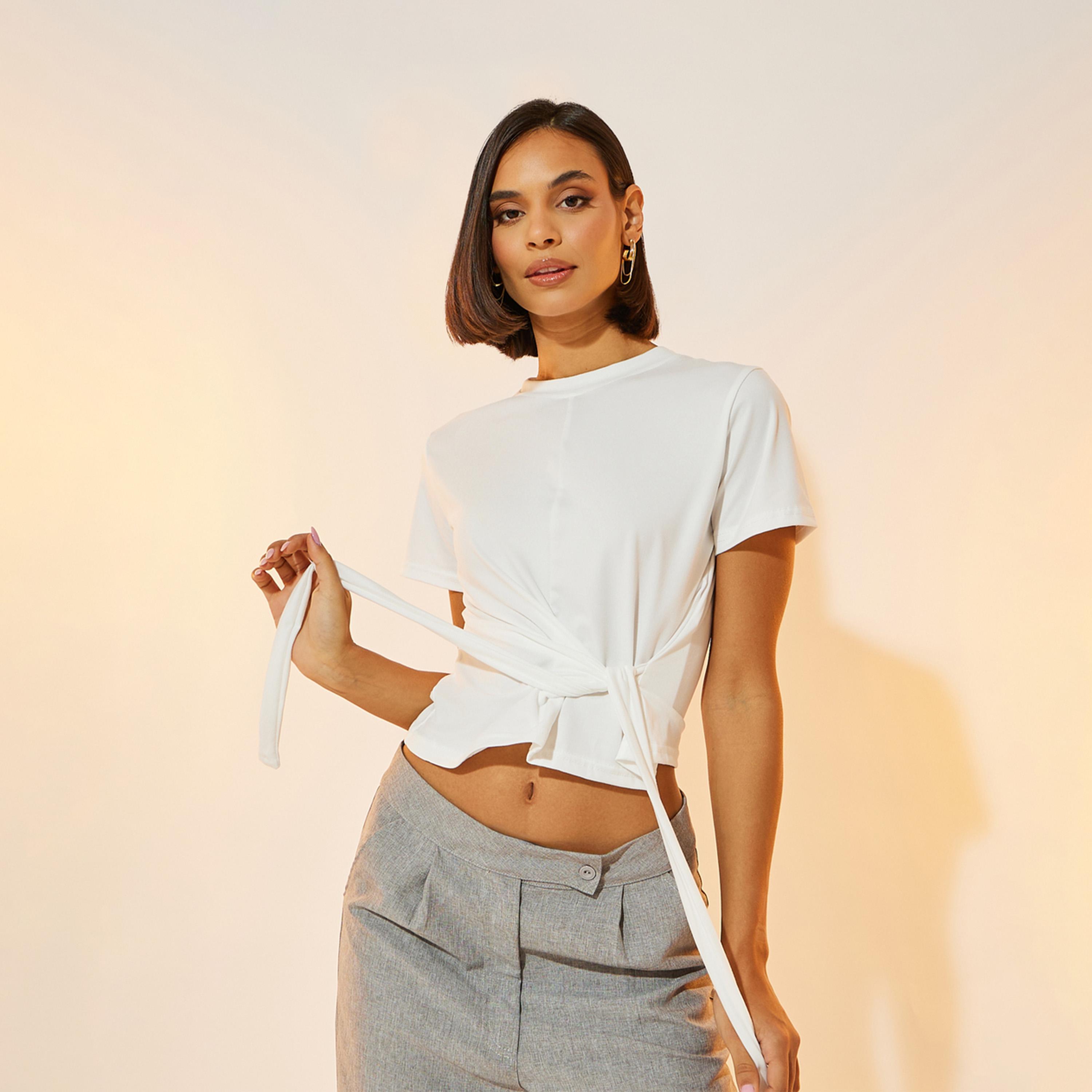 Take Two Solid Round Neck Wrap Front Top-women-clothing-shirtsandblouses-blouses-image-1