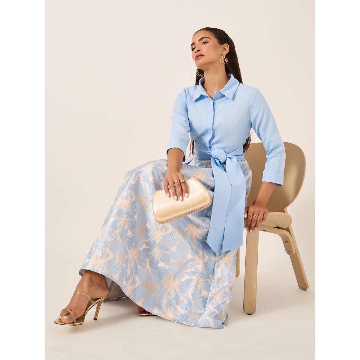 Styli Floral Print 3/4 Sleeves A-Line Maxi Dress with Tie Detail-women-clothing-dresses-image-1