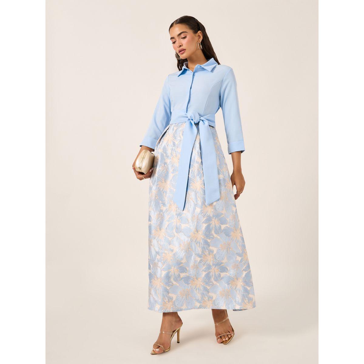 Styli Floral Print 3/4 Sleeves A-Line Maxi Dress with Tie Detail-women-clothing-dresses-image-2
