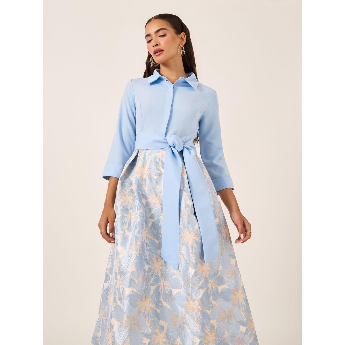 Styli Floral Print 3/4 Sleeves A-Line Maxi Dress with Tie Detail-women-clothing-dresses-image-3