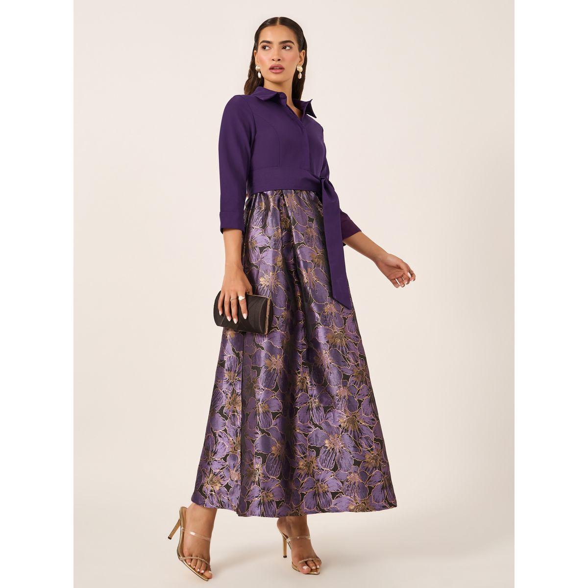 فستان طويل مطبع بزهور وأكمام 3/4 مع أربطة-women-clothing-dresses-image-2