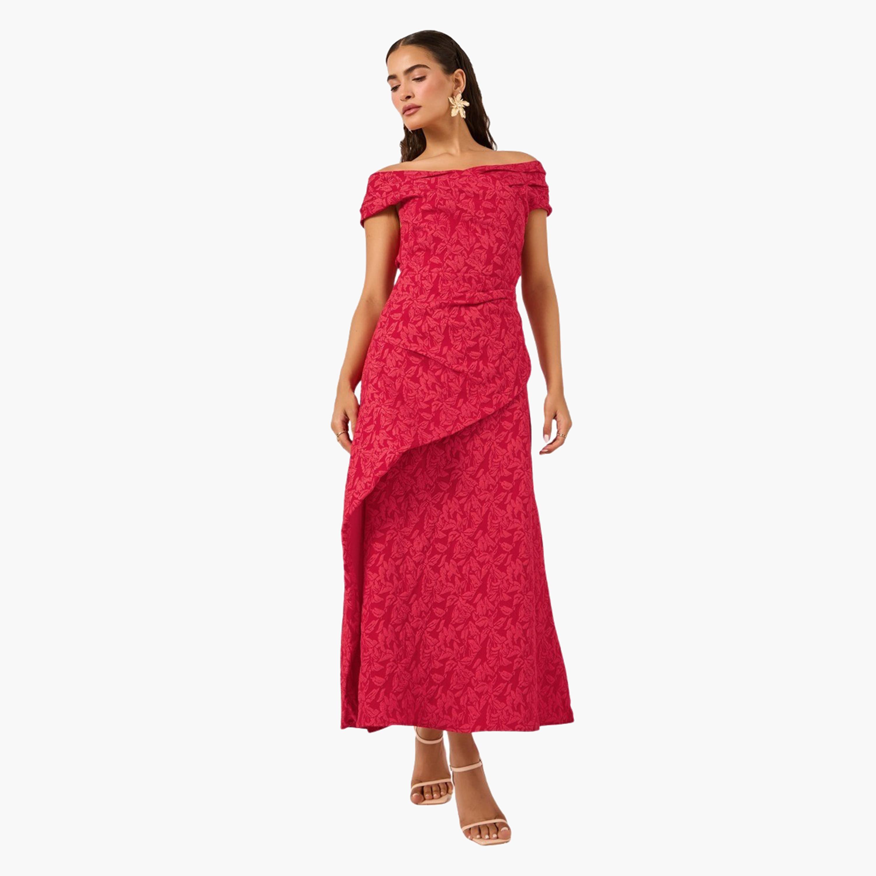 Styli Textured Lace Off Shoulder Neck Sheath Maxi Dress-women-clothing-dresses-image-1