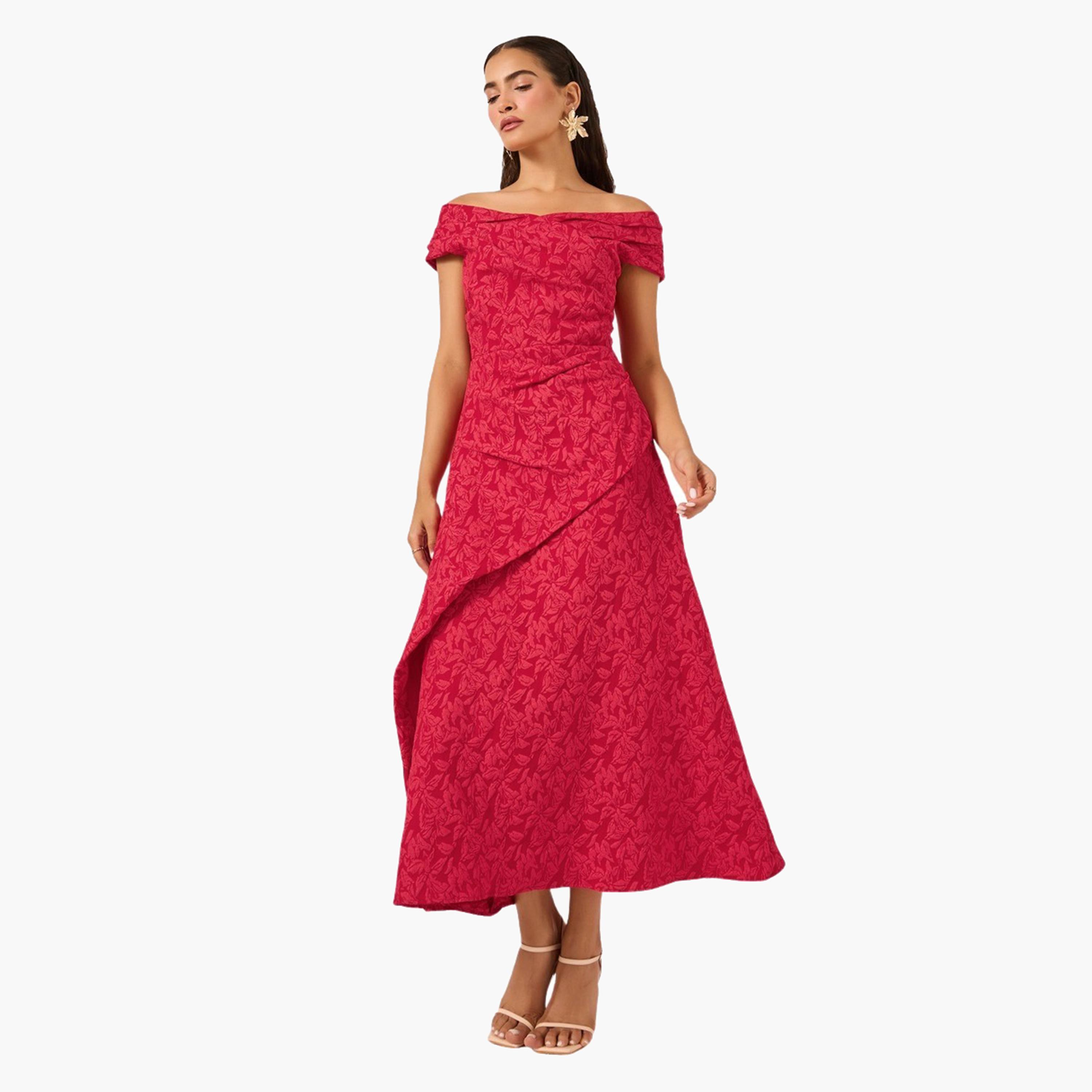 Styli Textured Lace Off Shoulder Neck Sheath Maxi Dress-women-clothing-dresses-image-2