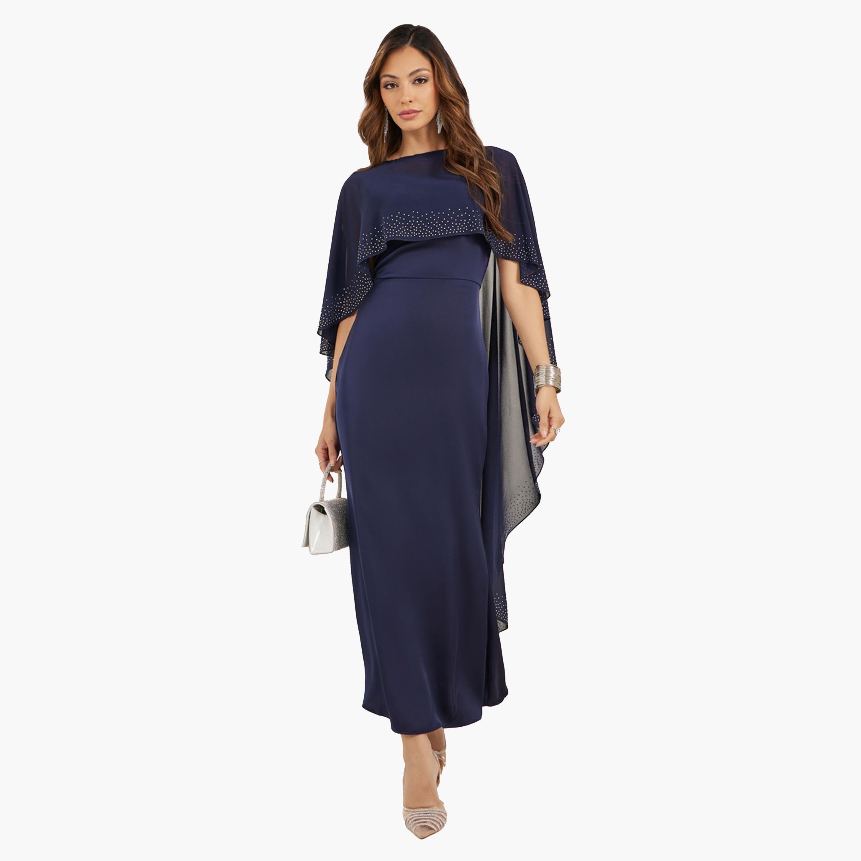ستايلي - فستان ماكسي كيب مزين - كحلي-women-clothing-dresses-image-1