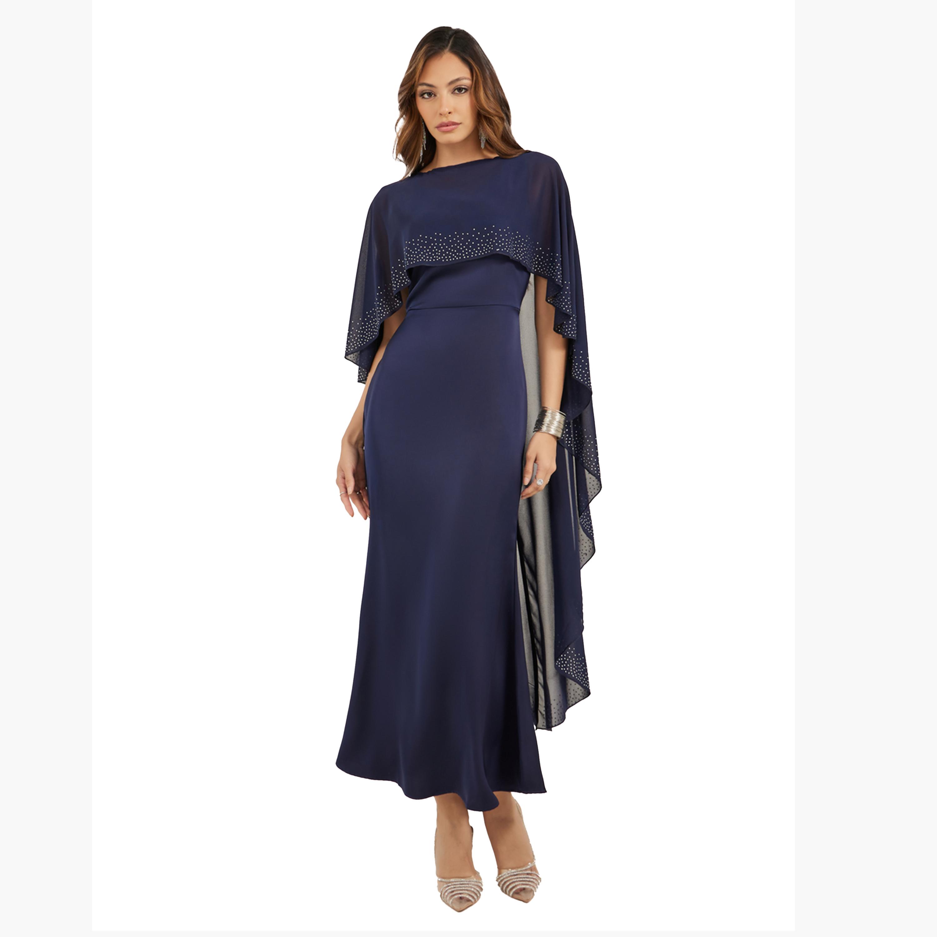 ستايلي - فستان ماكسي كيب مزين - كحلي-women-clothing-dresses-image-2