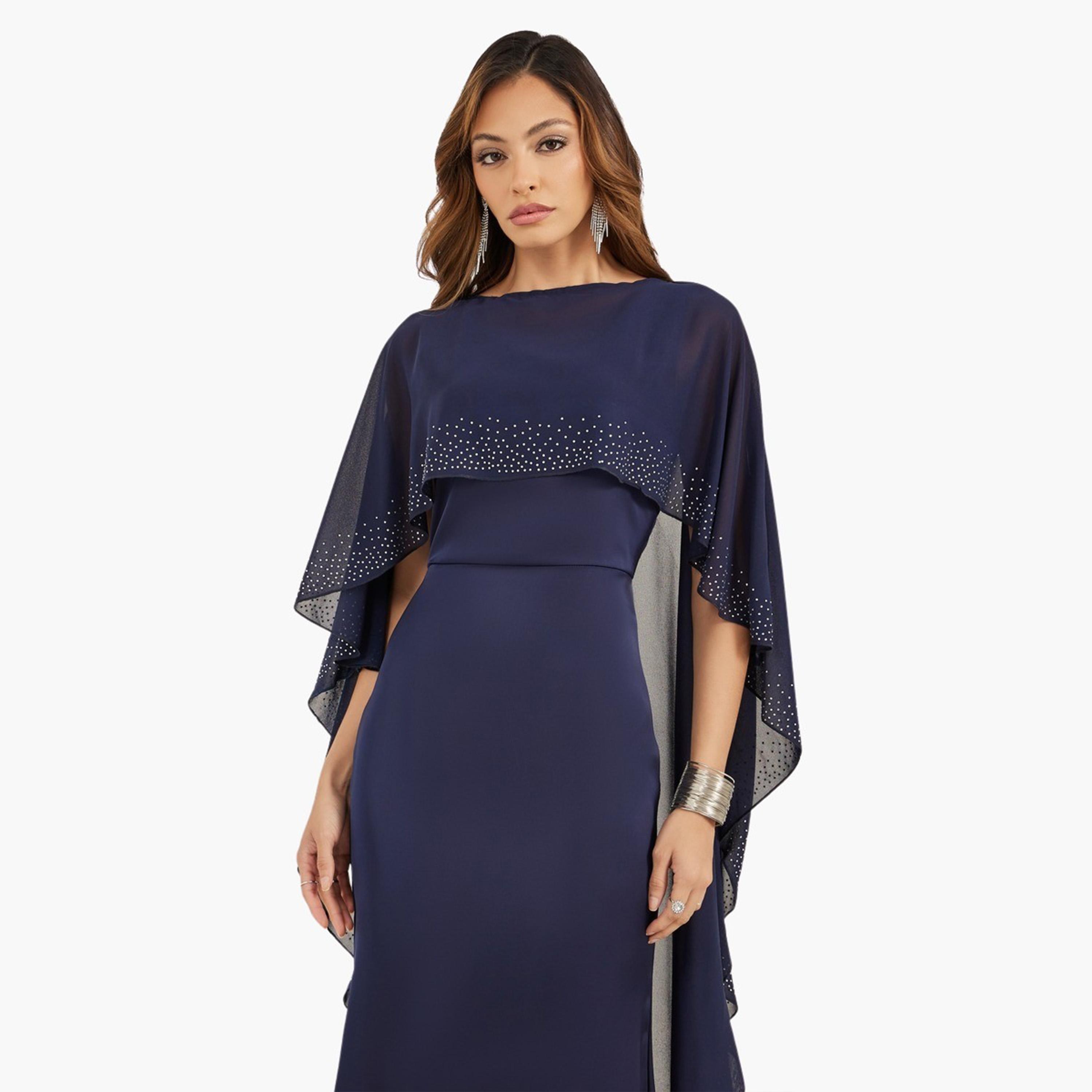ستايلي - فستان ماكسي كيب مزين - كحلي-women-clothing-dresses-image-3