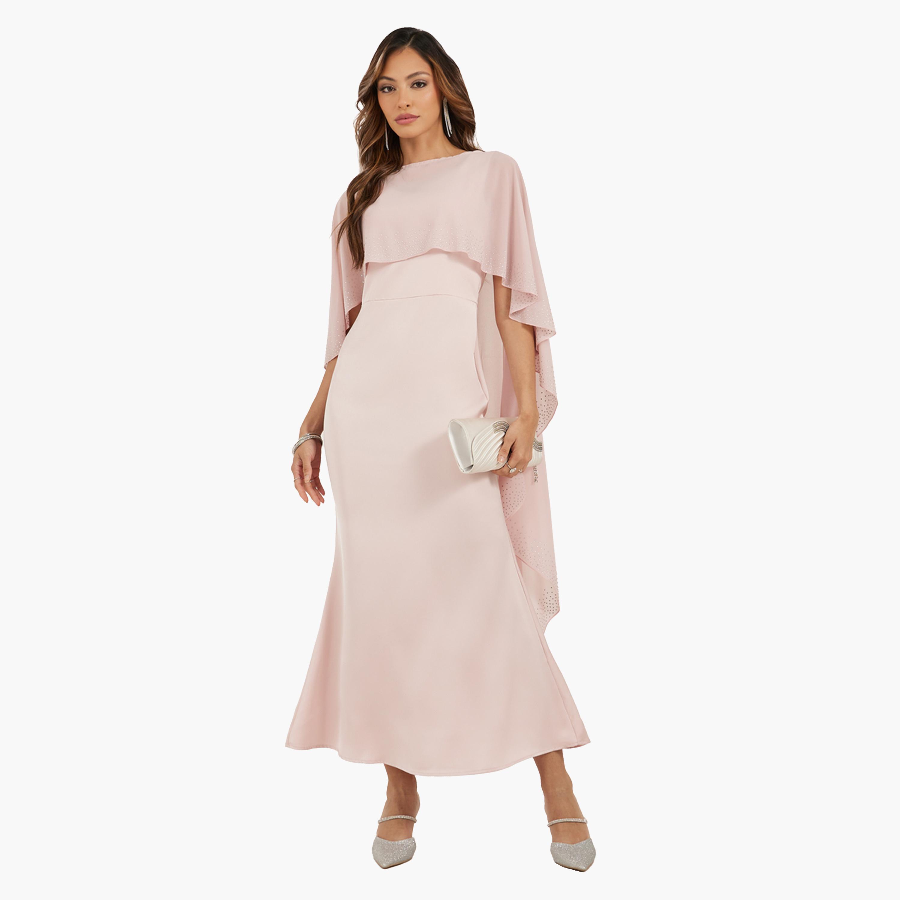 ستايلي - فستان ماكسي مزين بكيب - وردي-women-clothing-dresses-image-1