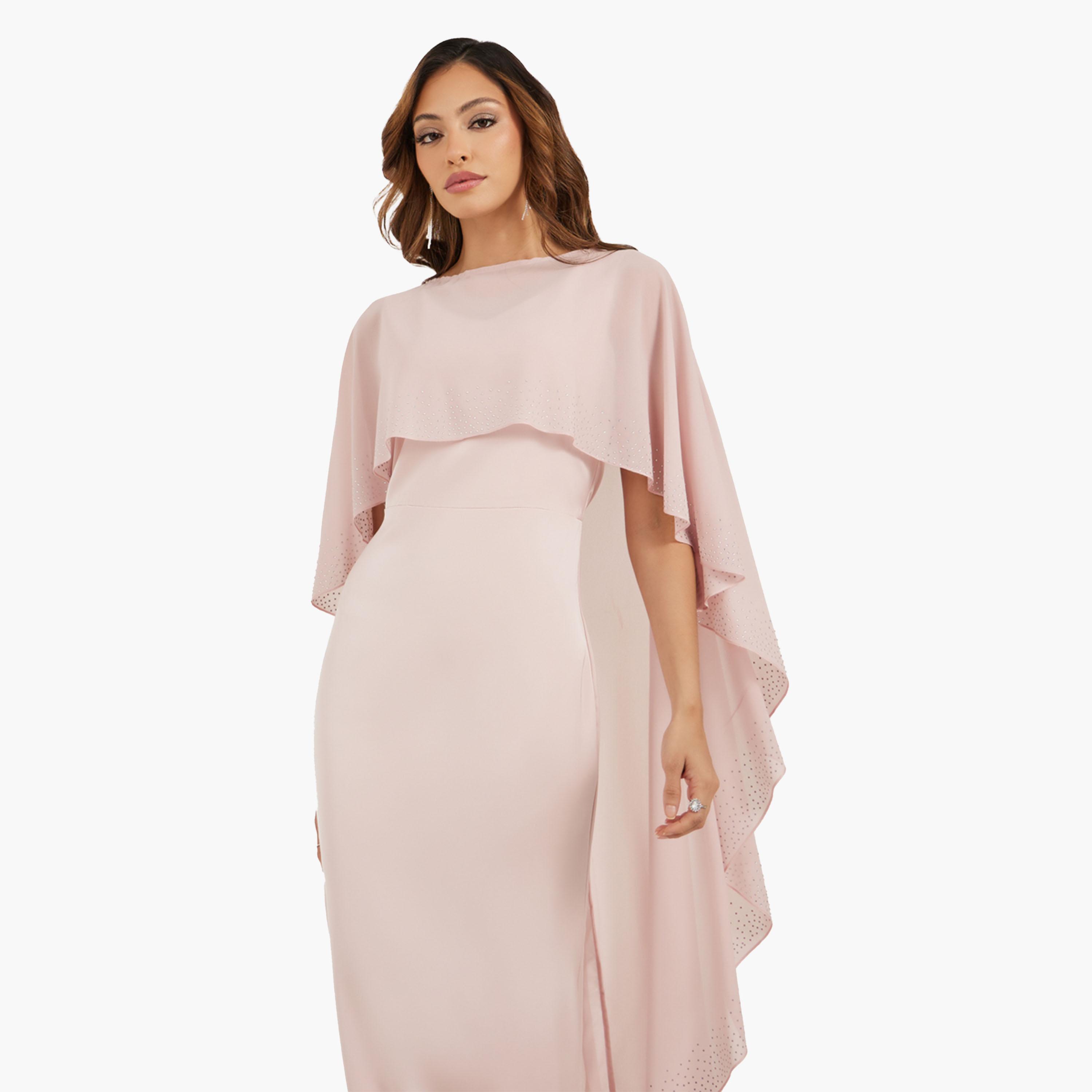 ستايلي - فستان ماكسي مزين بكيب - وردي-women-clothing-dresses-image-3