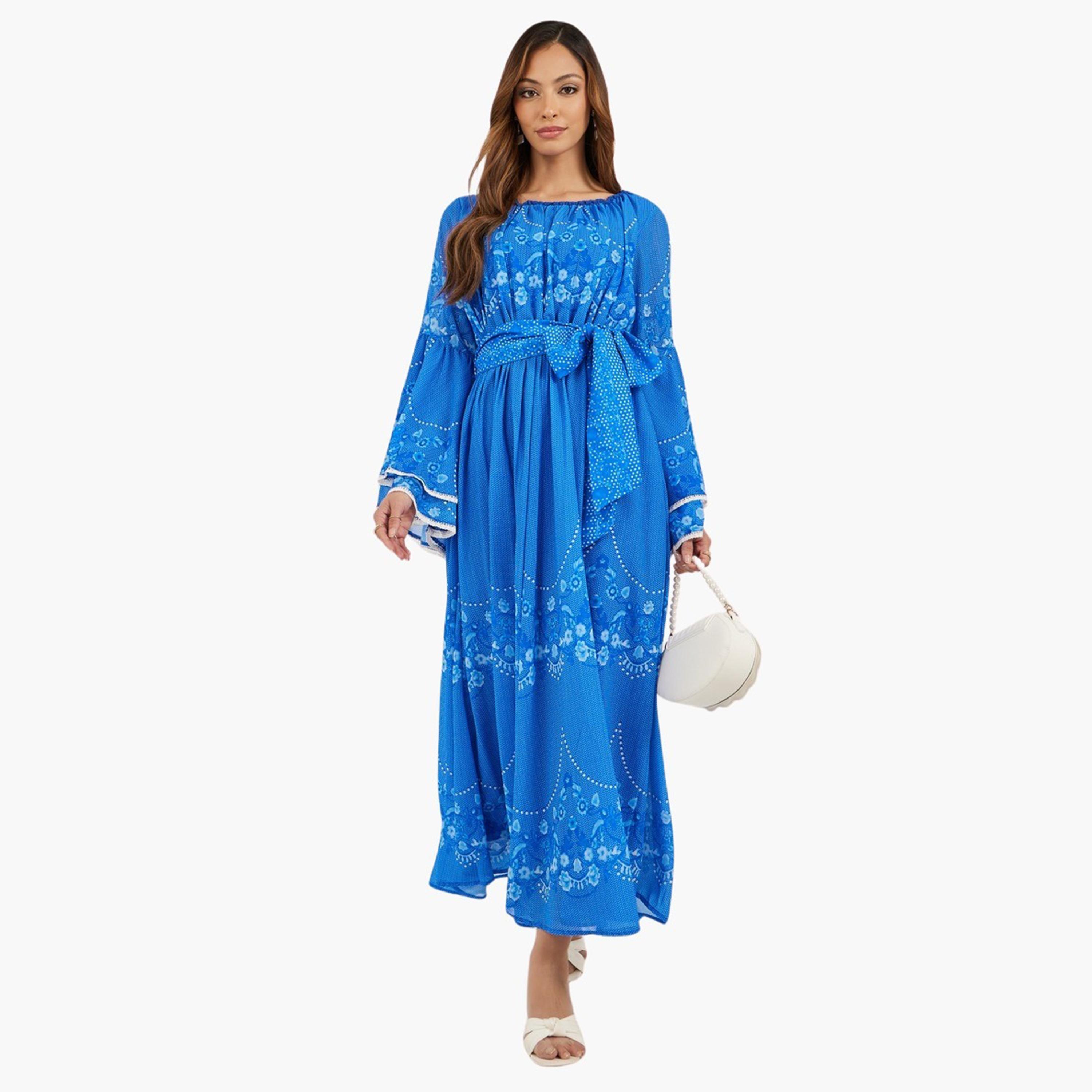 ستايلي-  فستان ماكسي بطبعة زهور وأكمام طويلة وتصميم حرف A-women-clothing-dresses-image-1