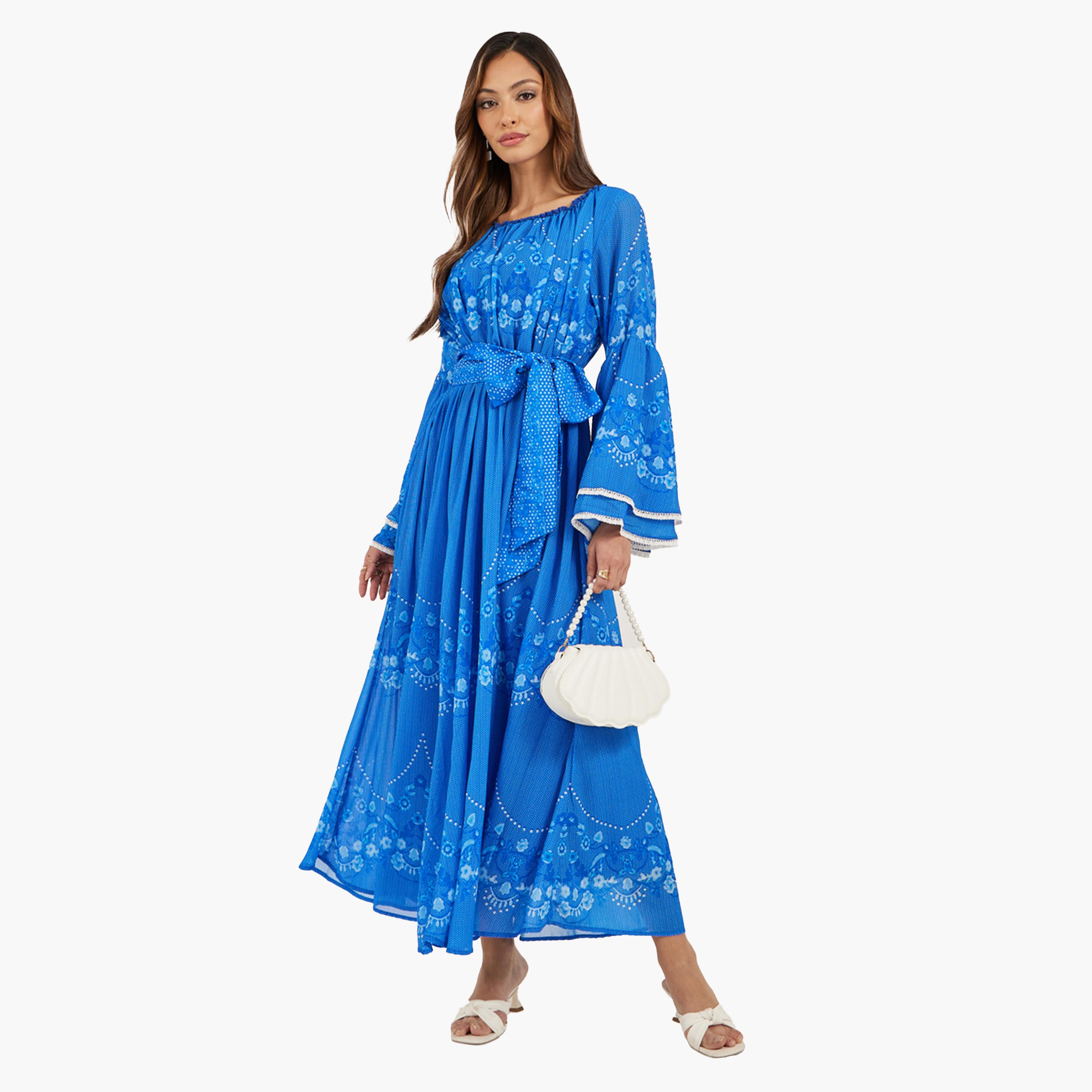 ستايلي-  فستان ماكسي بطبعة زهور وأكمام طويلة وتصميم حرف A-women-clothing-dresses-image-2