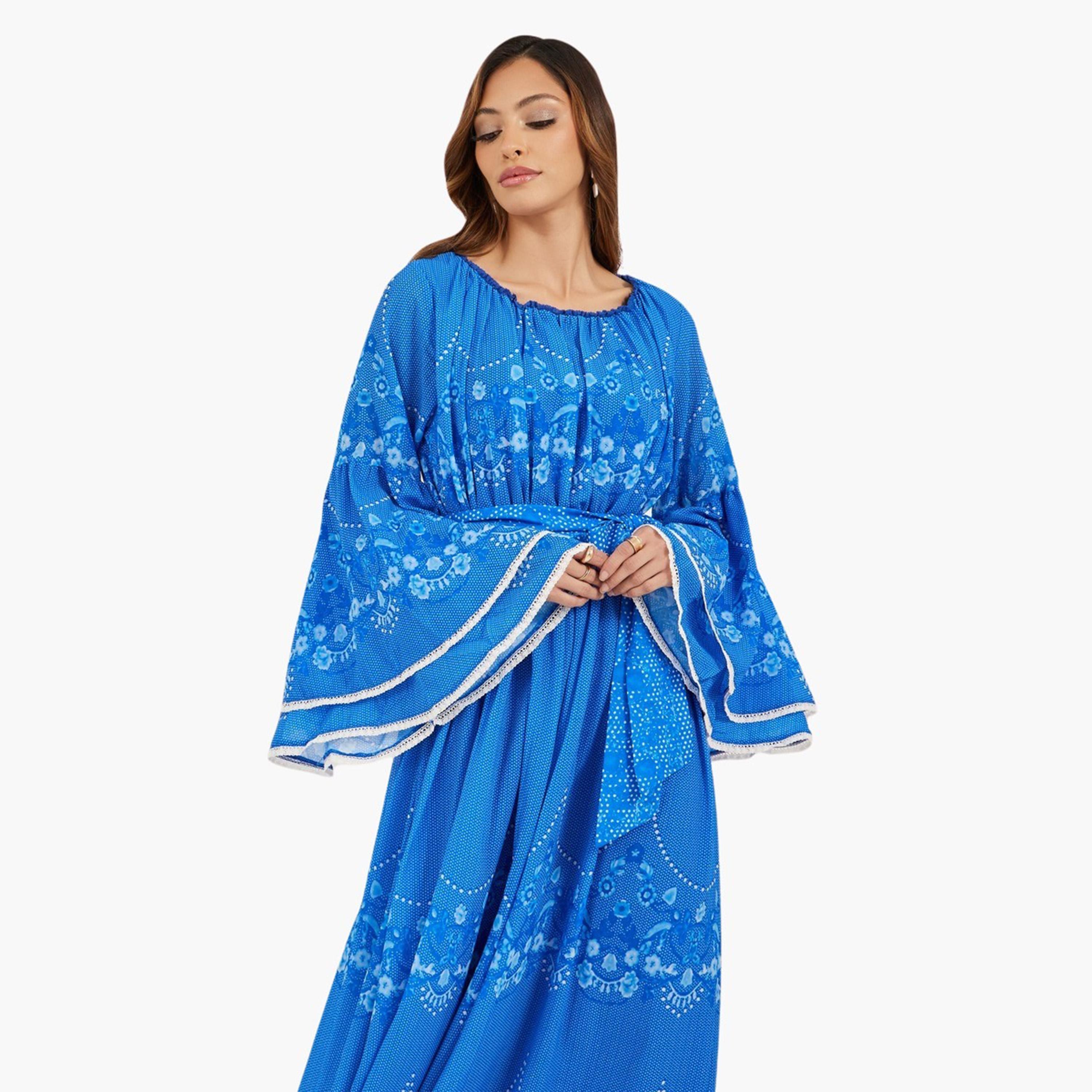 ستايلي-  فستان ماكسي بطبعة زهور وأكمام طويلة وتصميم حرف A-women-clothing-dresses-image-3