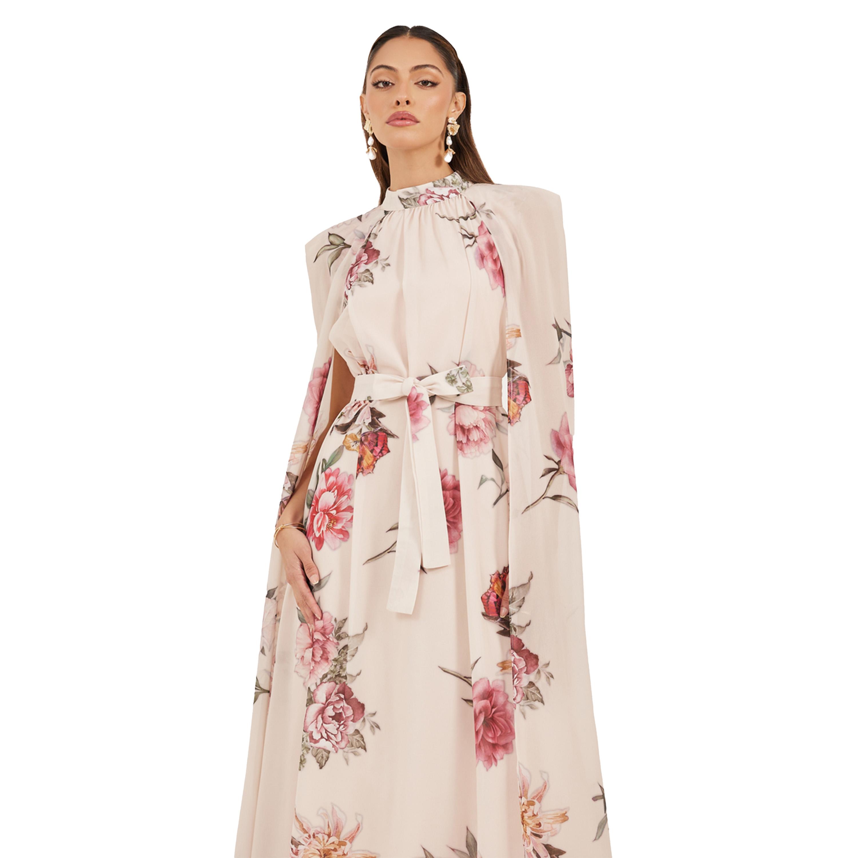 ستايلي - فستان ماكسي بطبعة زهور بياقة عالية وأكمام كيب واسعة-women-clothing-dresses-image-3