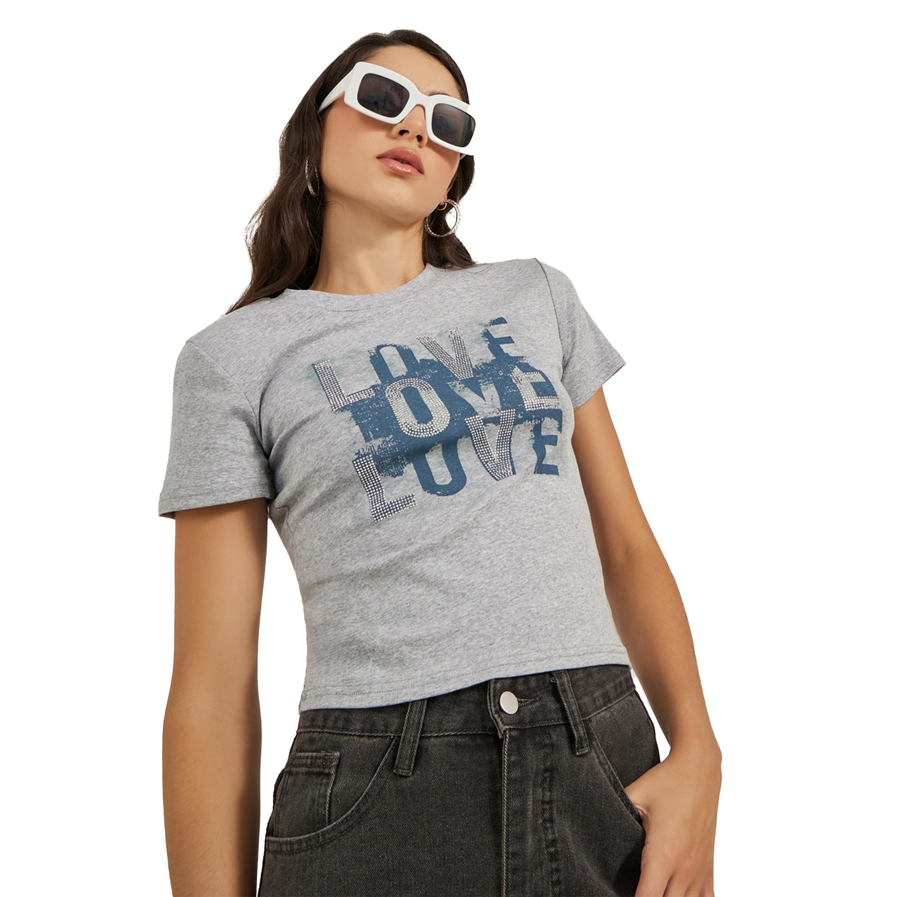 ستايلي -  تي شيرت بأكمام قصيرة ورقبة دائرية وطبعة شعار-women-clothing-tshirts-image-1