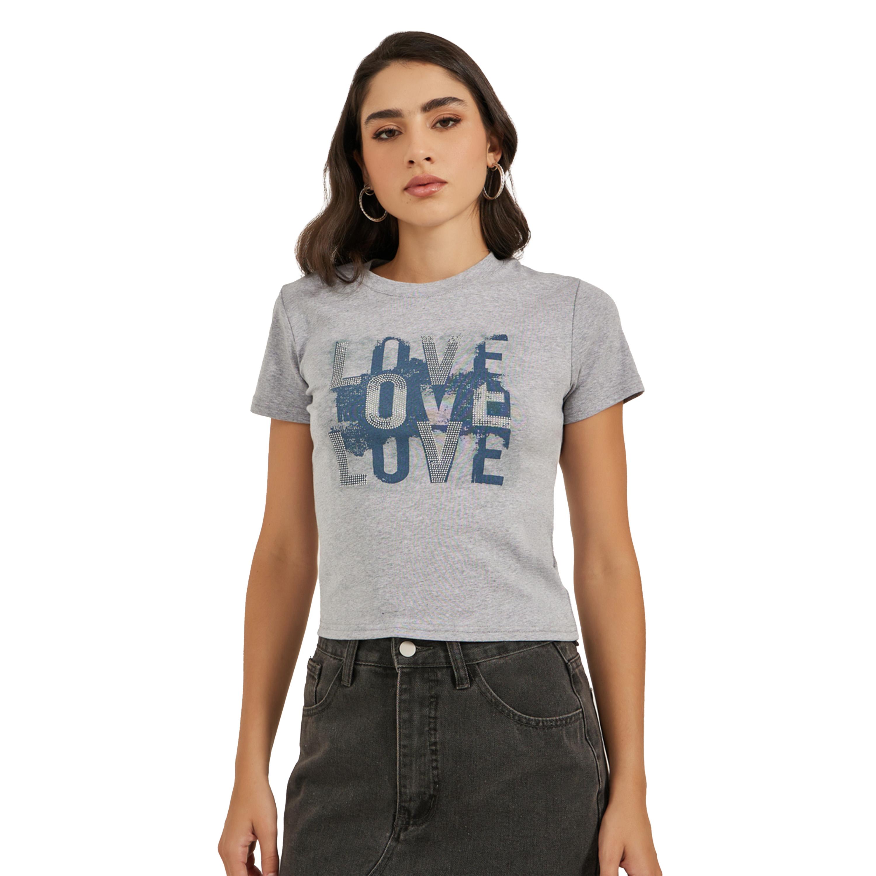 ستايلي -  تي شيرت بأكمام قصيرة ورقبة دائرية وطبعة شعار-women-clothing-tshirts-image-3