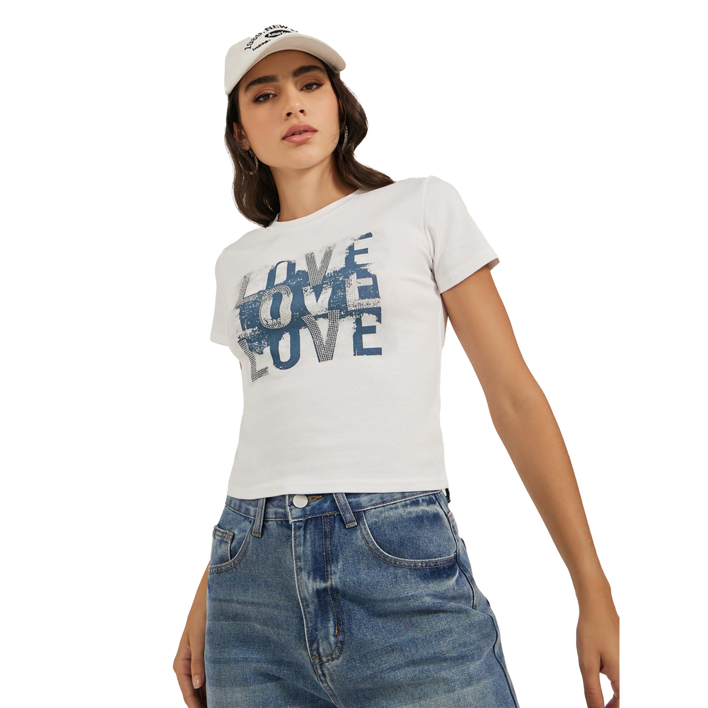 ستايلي -  تي شيرت بأكمام قصيرة ورقبة دائرية وطبعة شعار-women-clothing-tshirts-image-1