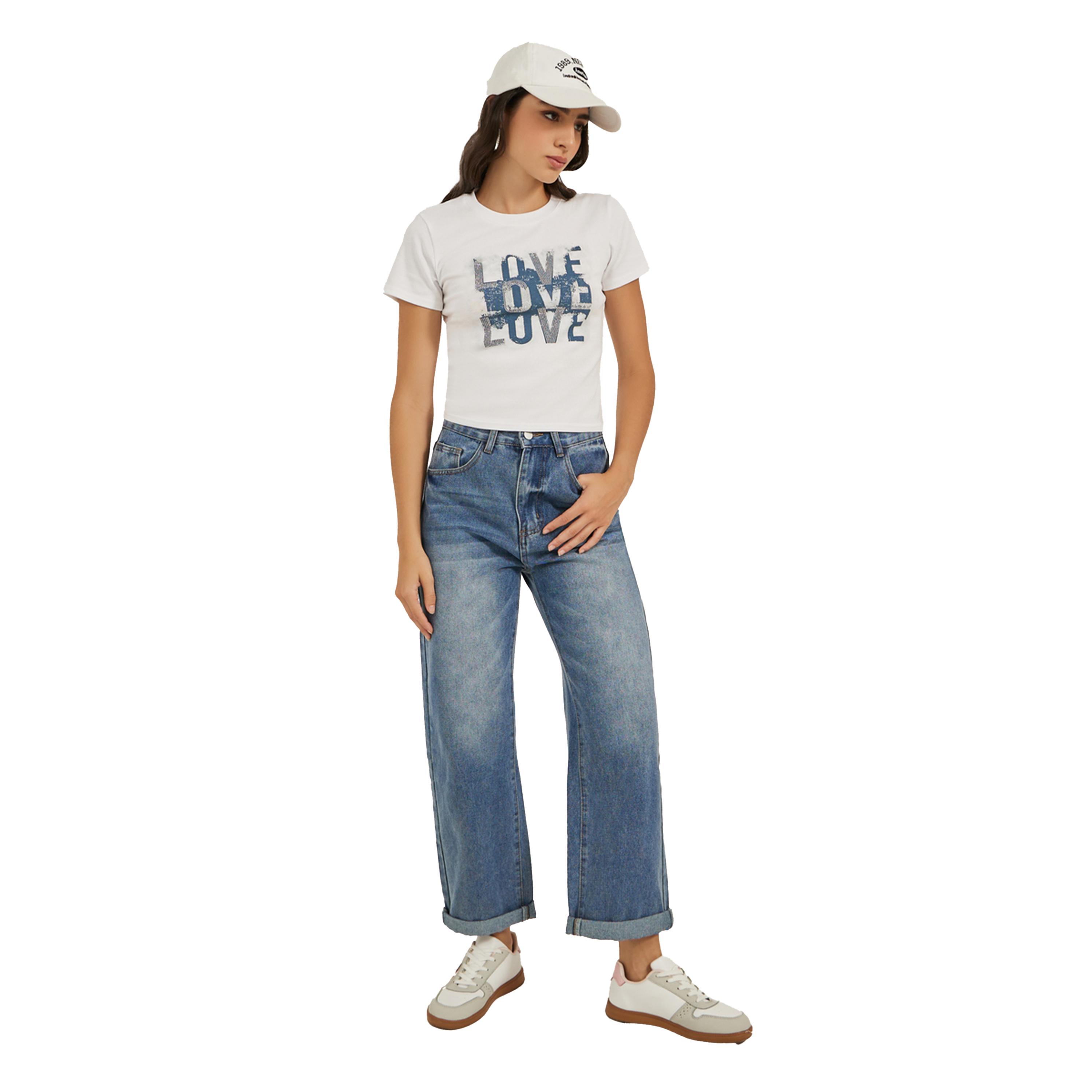 ستايلي -  تي شيرت بأكمام قصيرة ورقبة دائرية وطبعة شعار-women-clothing-tshirts-image-2