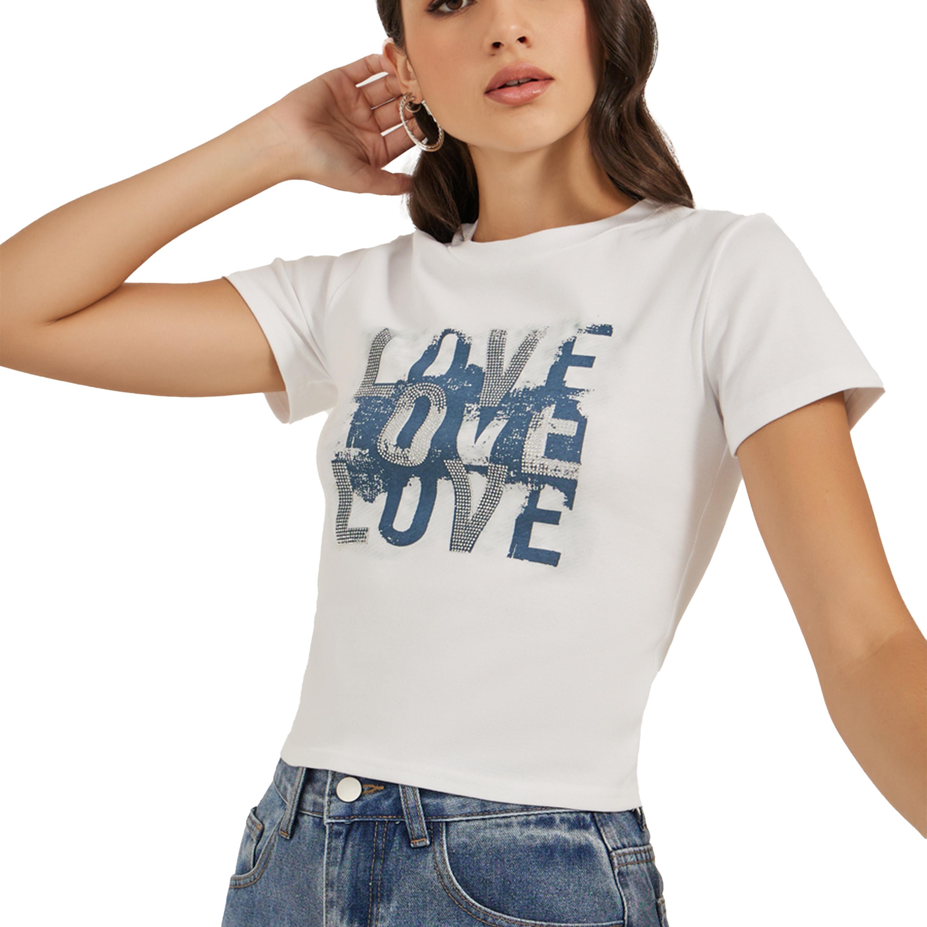 ستايلي -  تي شيرت بأكمام قصيرة ورقبة دائرية وطبعة شعار-women-clothing-tshirts-image-3