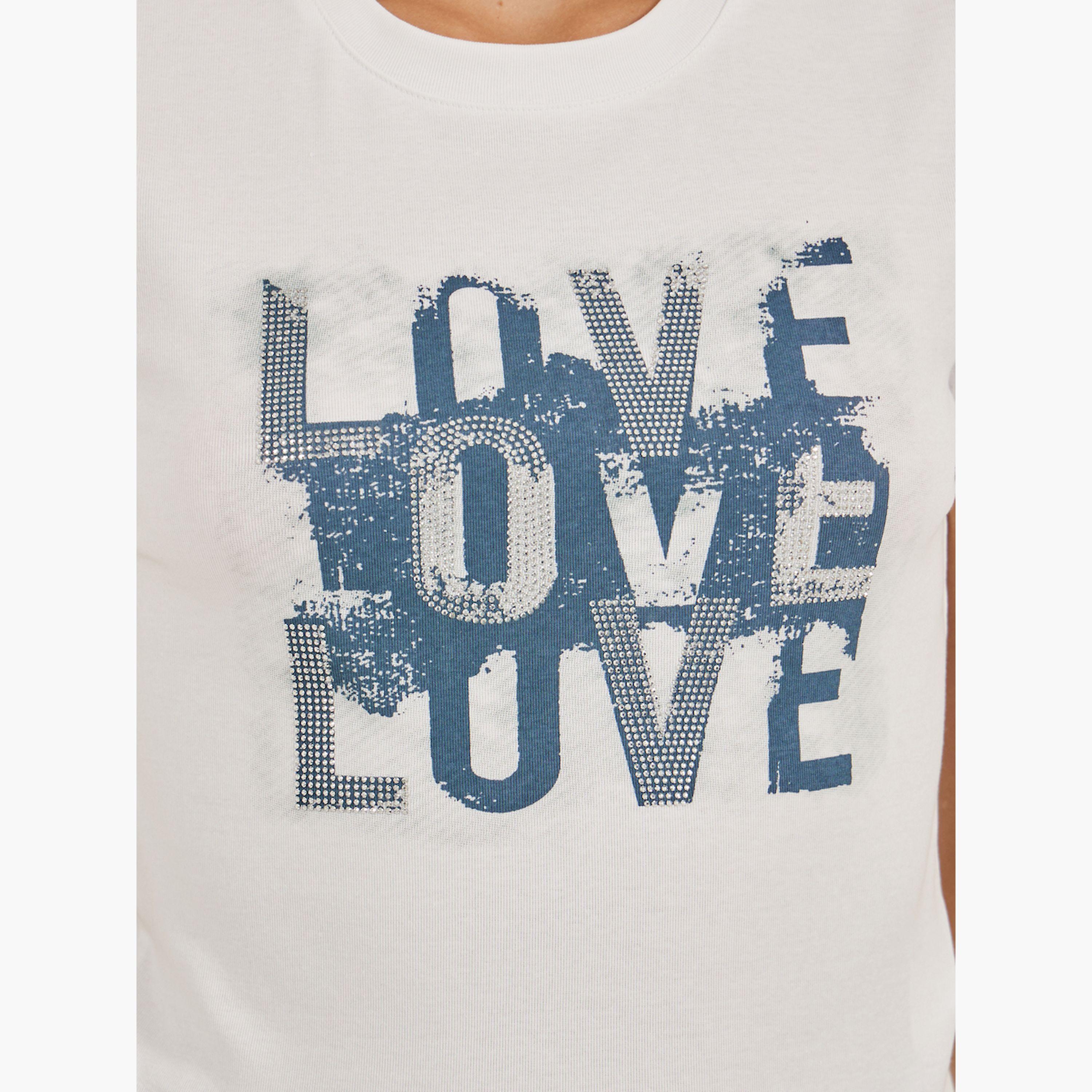 ستايلي -  تي شيرت بأكمام قصيرة ورقبة دائرية وطبعة شعار-women-clothing-tshirts-image-4