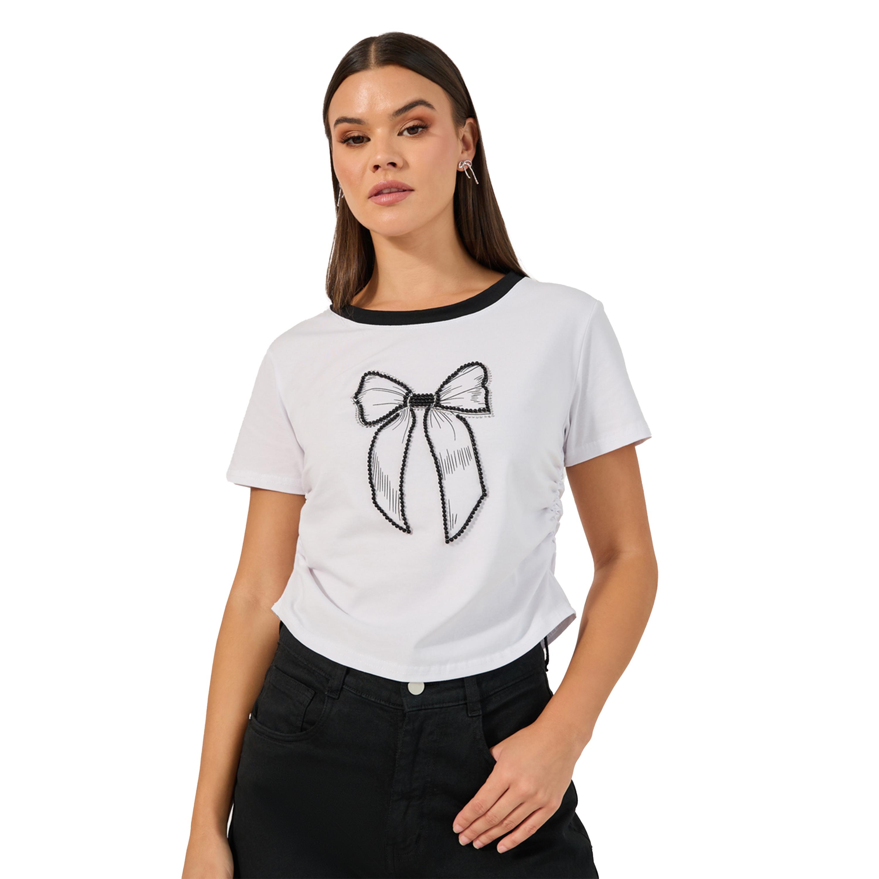 Styli Round Neck Embellished Bow Detail T-Shirt-women-clothing-tshirts-image-1