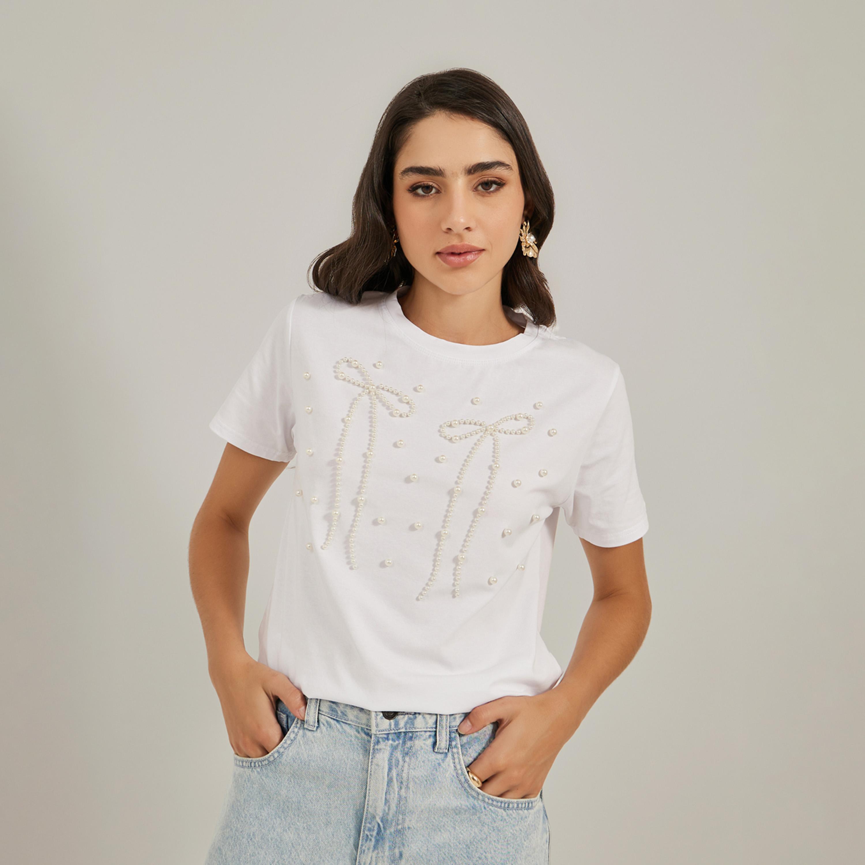 Styli Faux Pearl Embellished Round Neck T-Shirt-women-clothing-tshirts-image-1