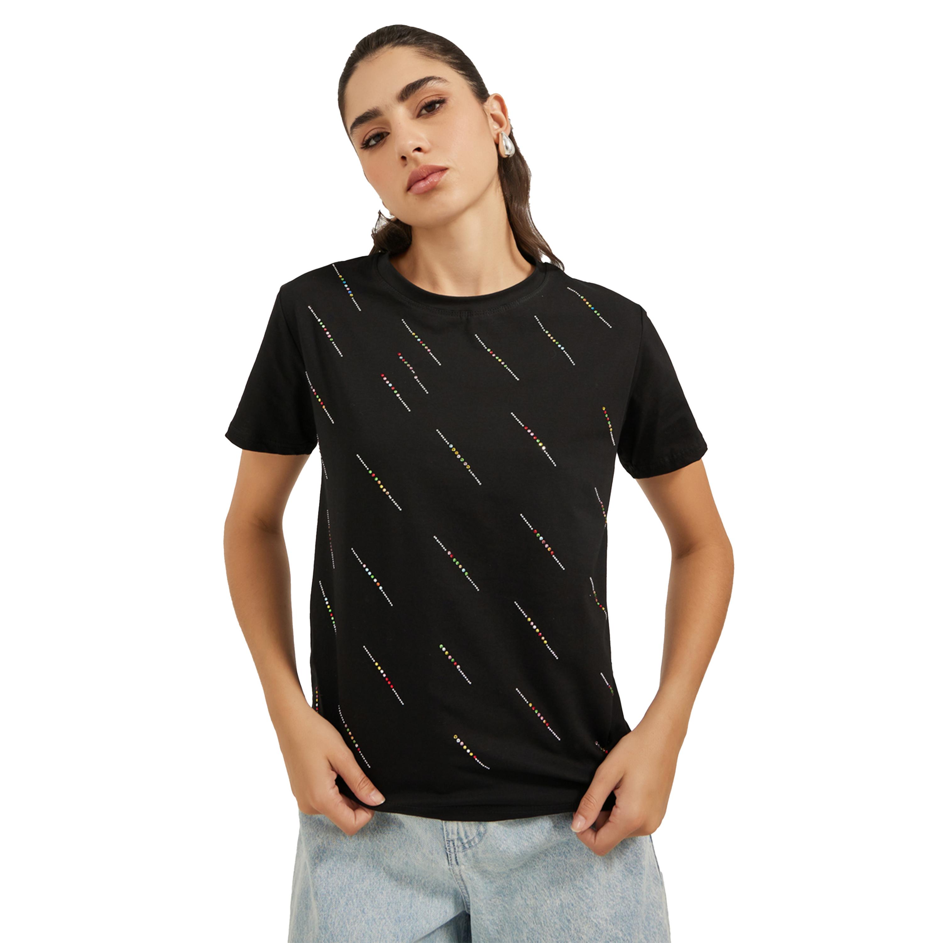 Styli Sequined Embellished Round Neck Short Sleeve T-Shirt-women-clothing-tshirts-image-1