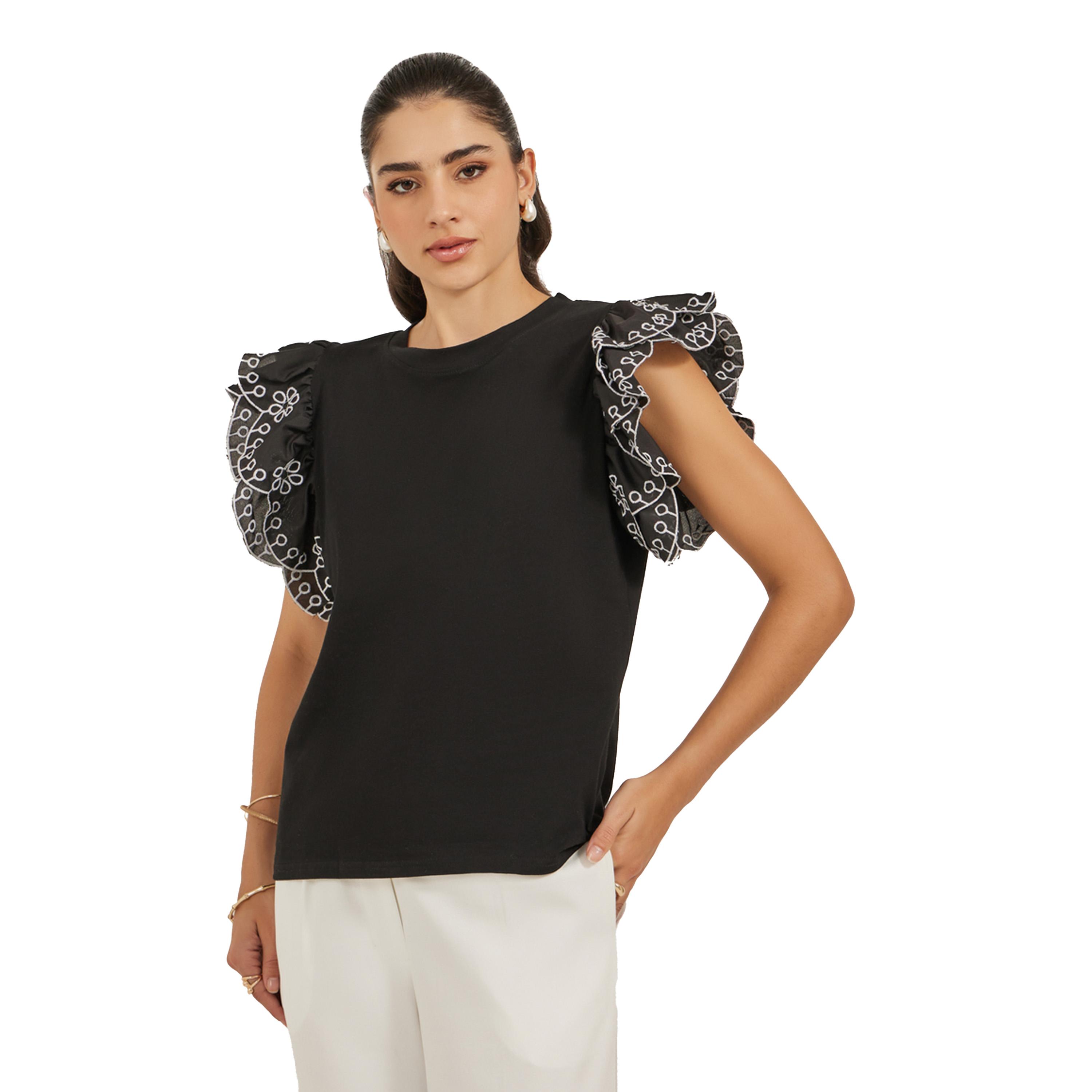 ستايلي - تي شيرت شيفلي بأكمام مكشكشة ورقبة دائرية-women-clothing-tshirts-image-3