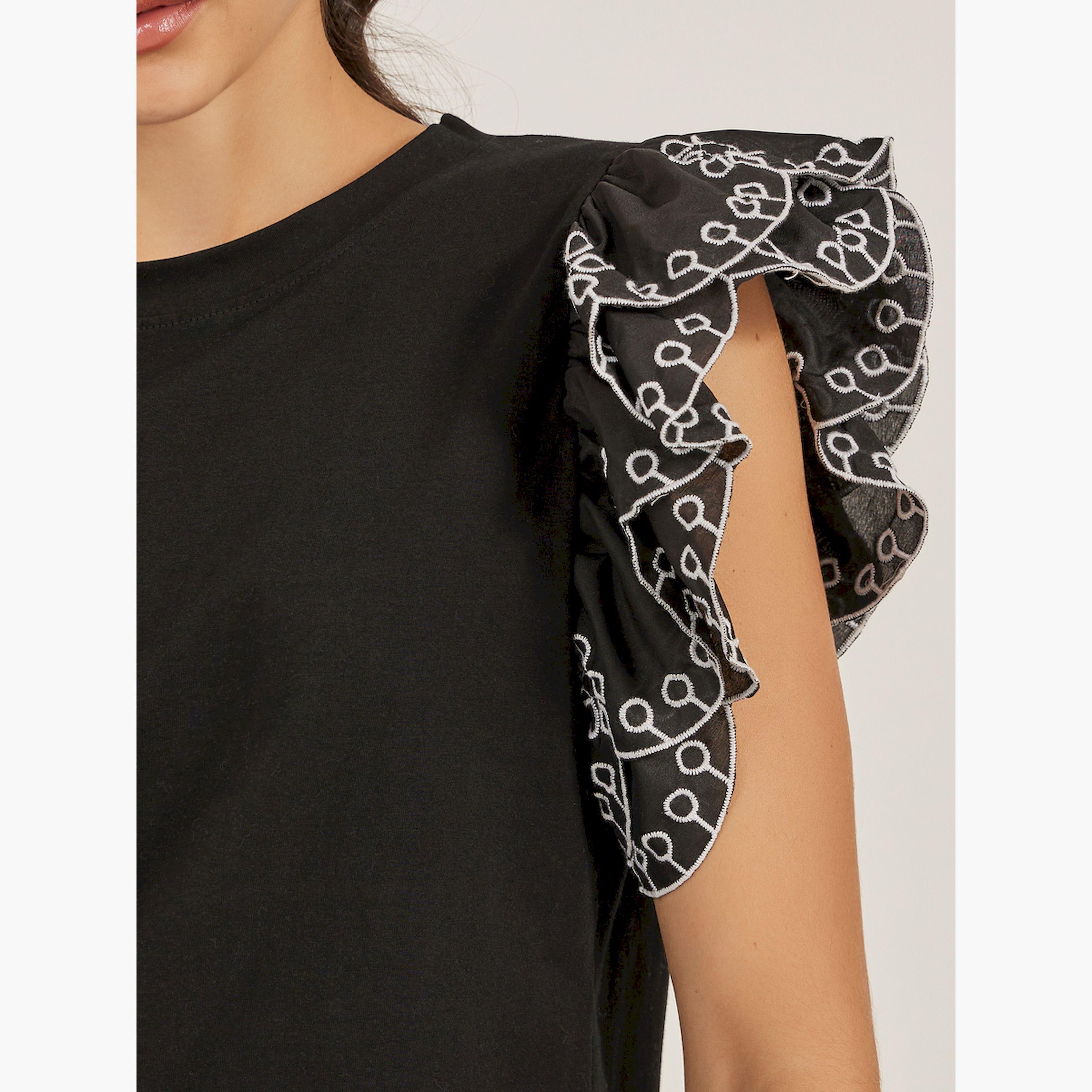 ستايلي - تي شيرت شيفلي بأكمام مكشكشة ورقبة دائرية-women-clothing-tshirts-image-4