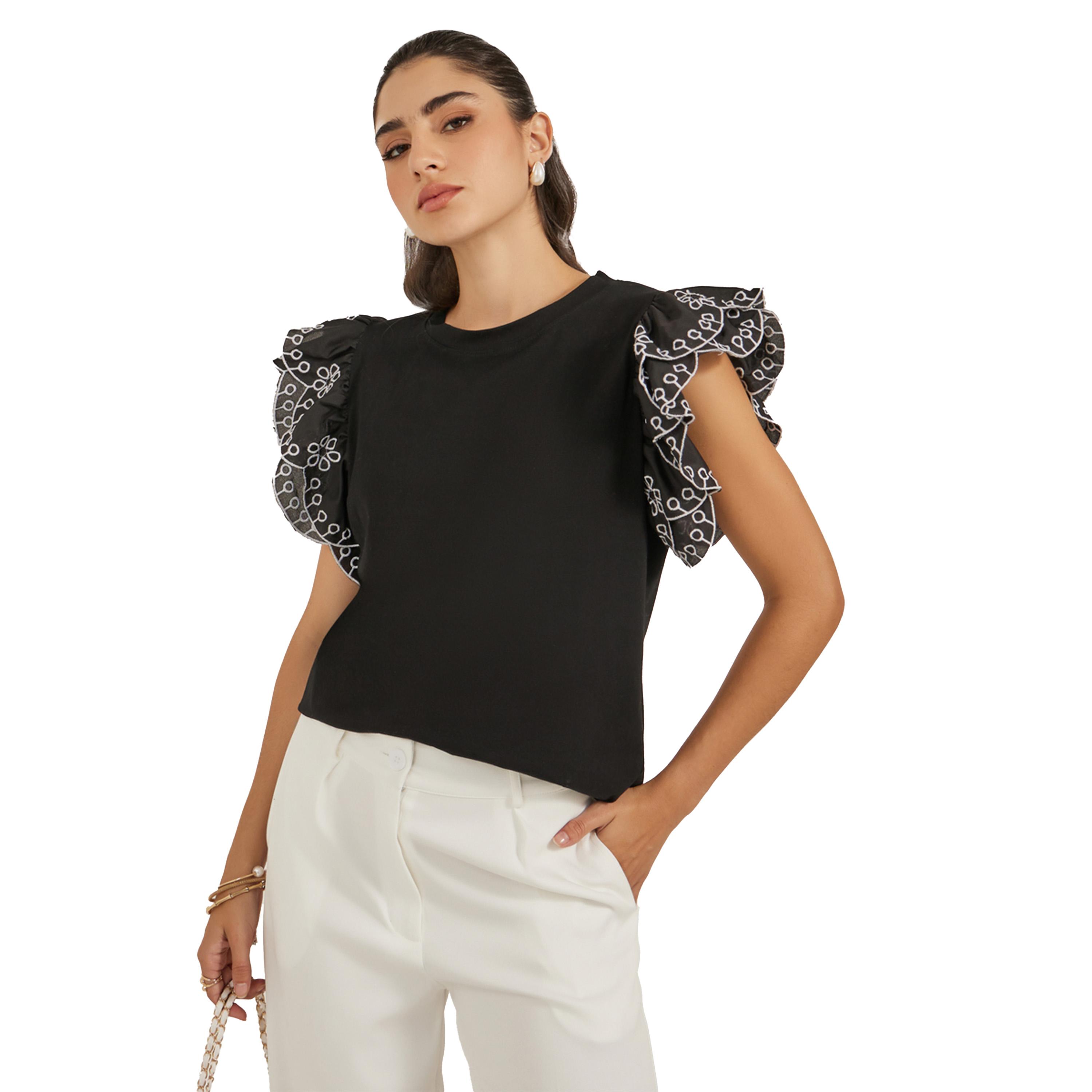 Styli Frill Sleeve Schiffli Round Neck T-Shirt-women-clothing-tshirts-image-5