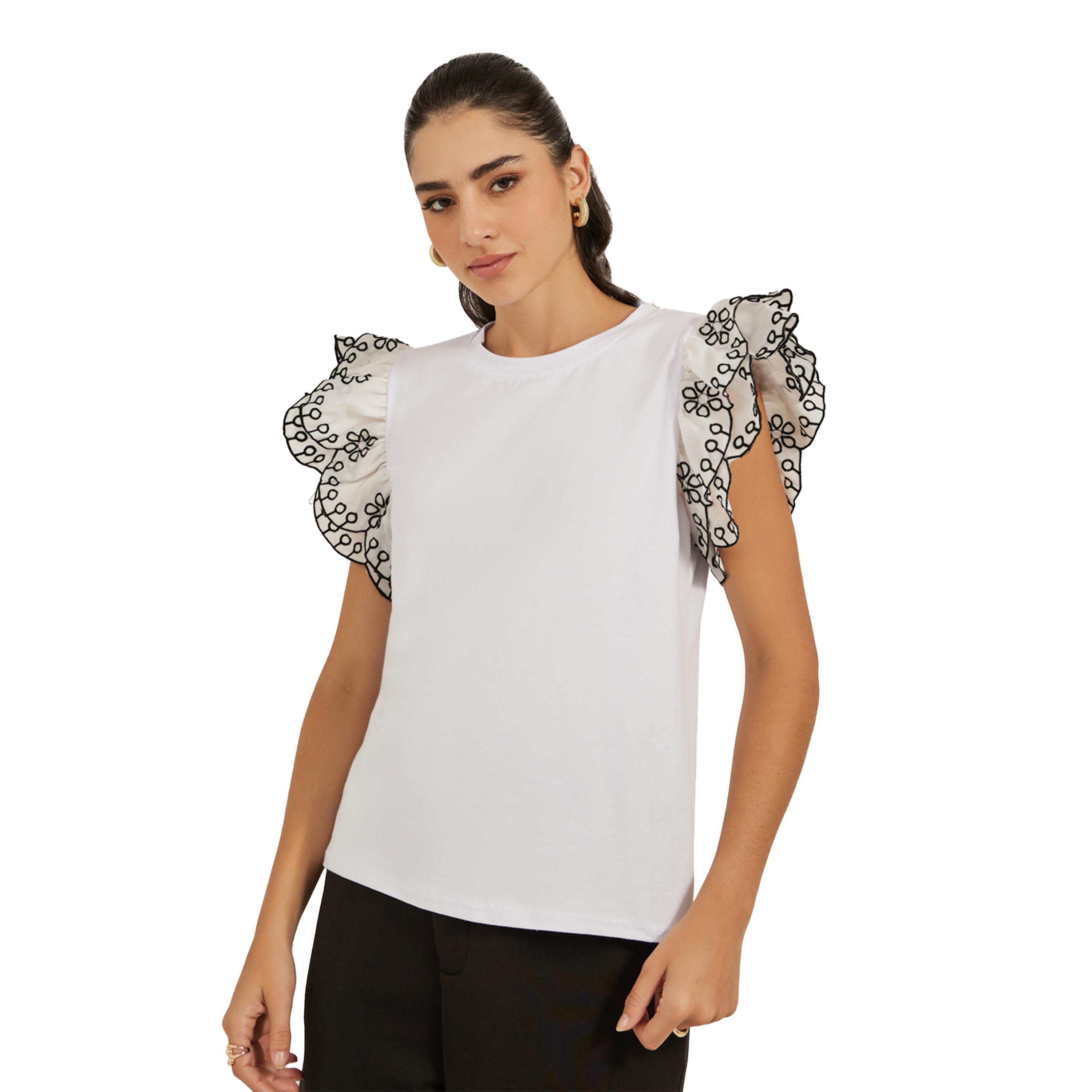 Styli Frill Sleeve Schiffli Round Neck T-Shirt-women-clothing-tshirts-image-3