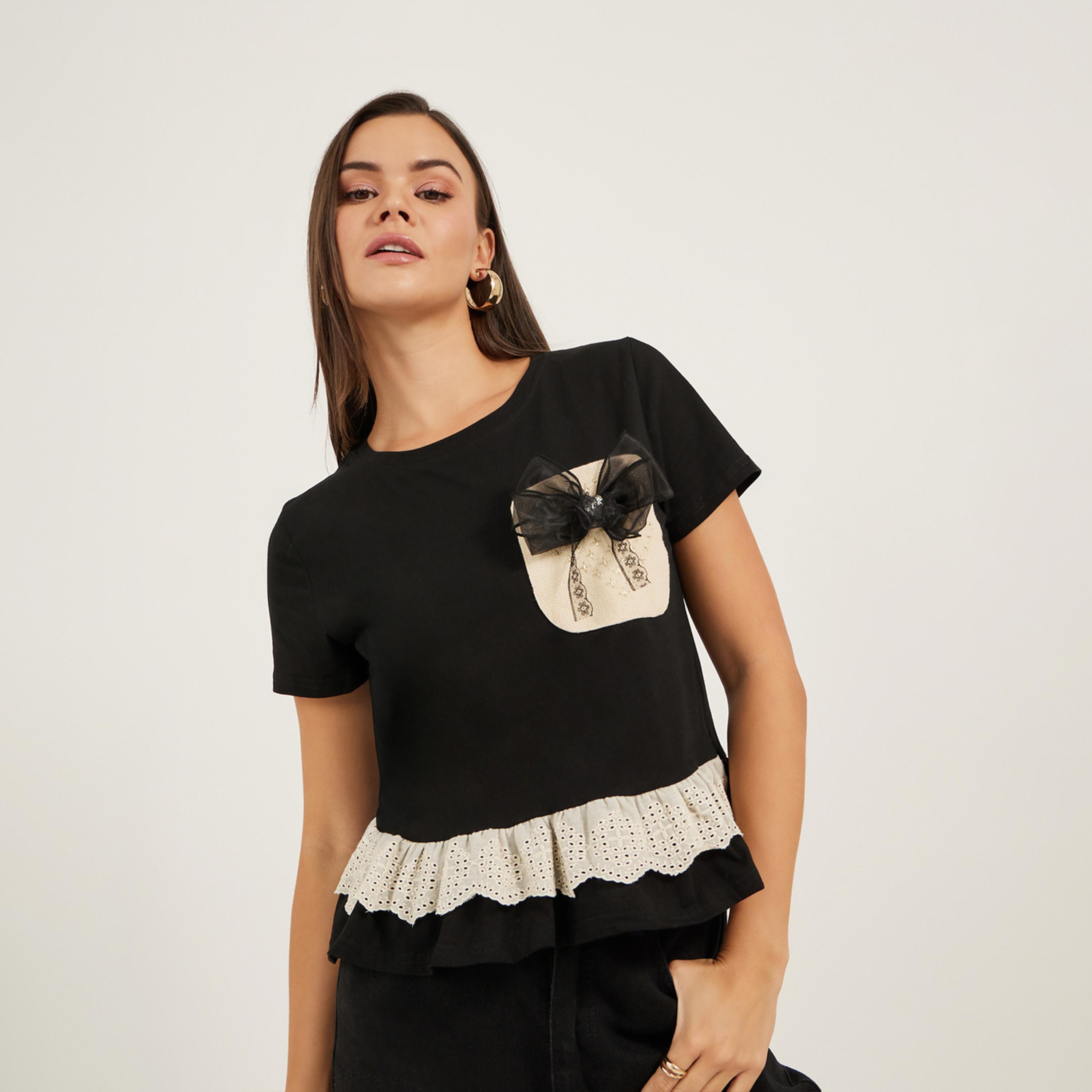 Styli Regular Fit Ruffled Hem Lace Detail T-Shirt with Bow Detail-women-clothing-tshirts-image-1