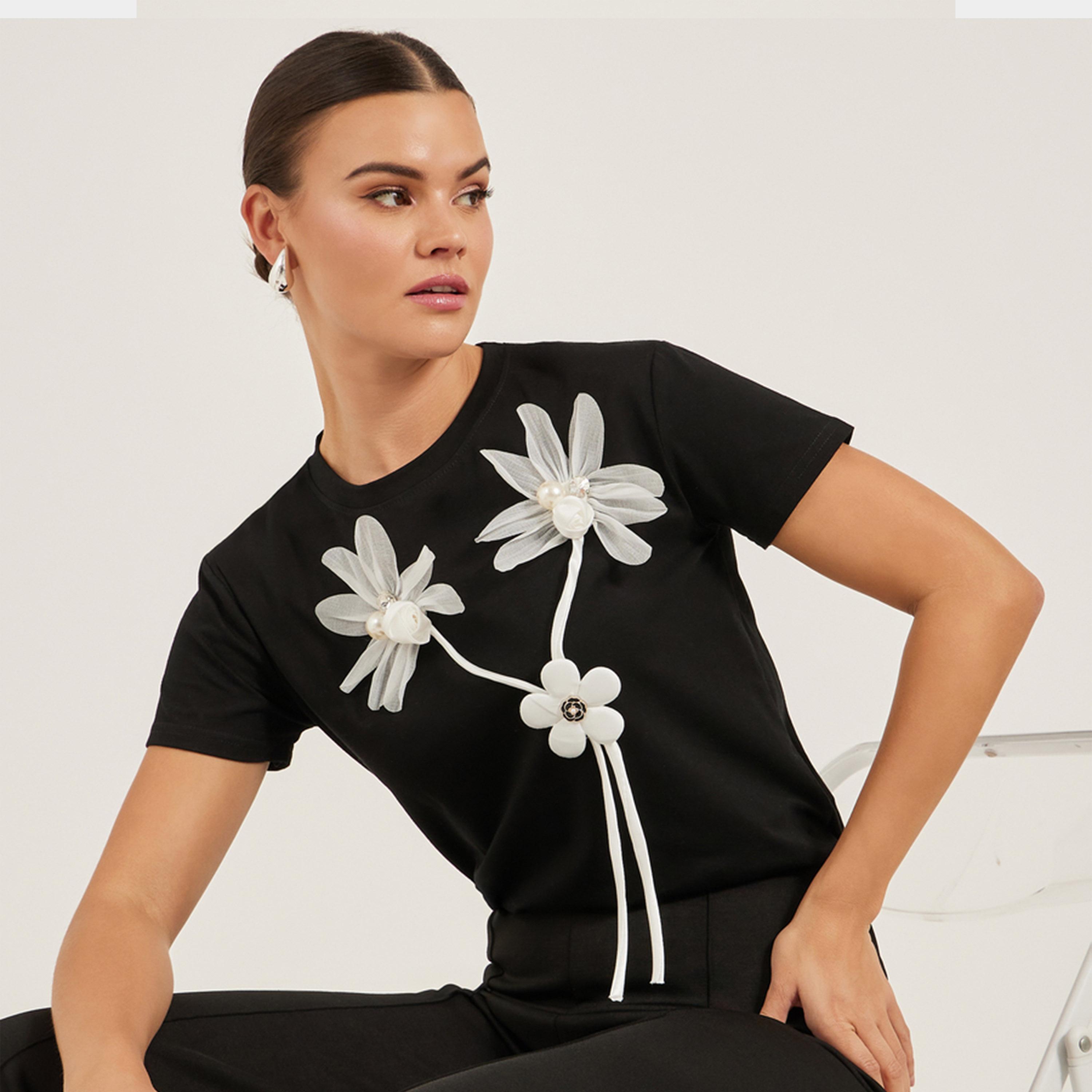 Styli Floral Applique Detail Regular Fit T-Shirt-women-clothing-tshirts-image-1