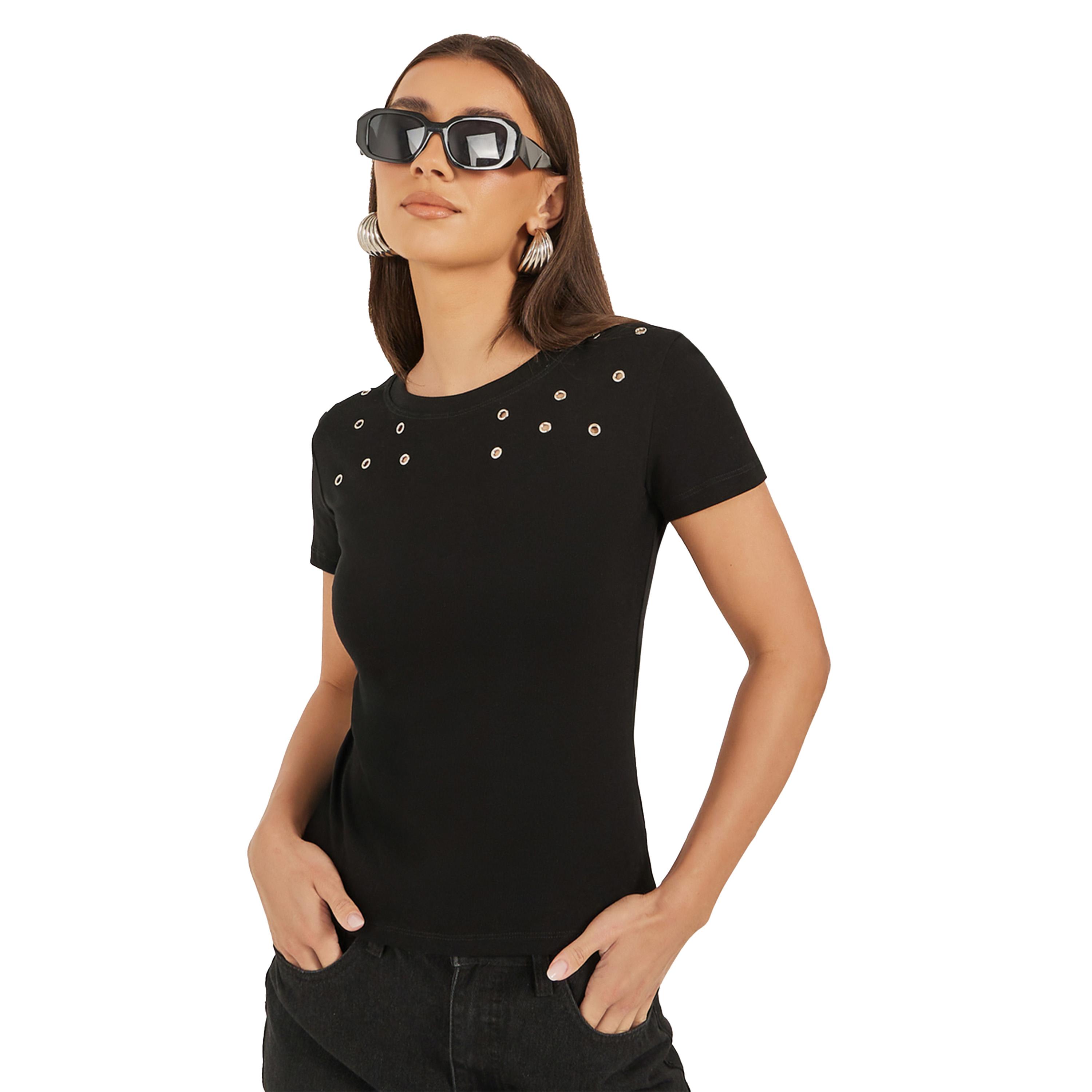 Styli Short Sleeve Eyelet Detailed Round Neck T-Shirt-women-clothing-tshirts-image-1