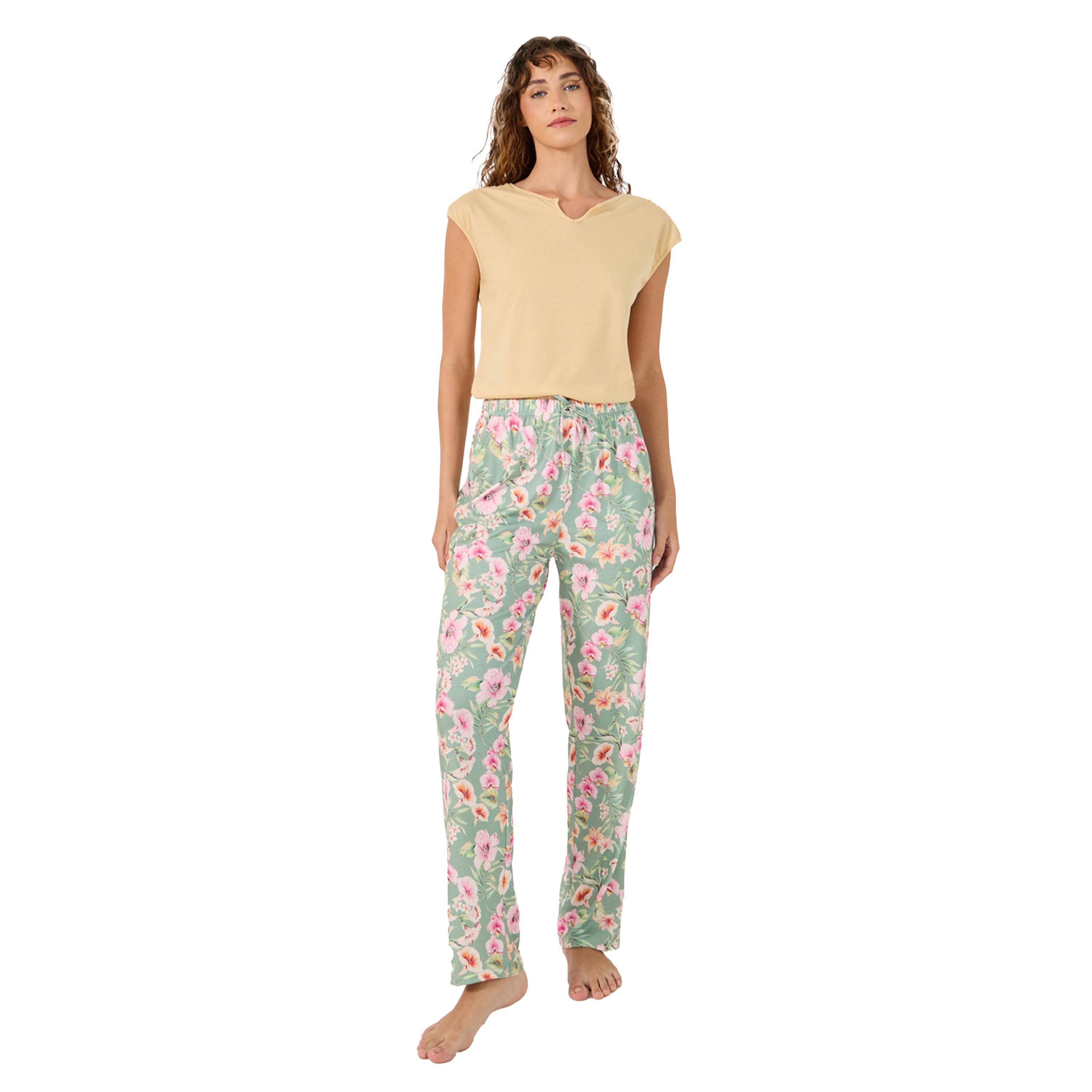 Styli Solid Gathered Shoulder Top and Printed Pyjama Pants Set-women-clothing-nightwear-pyjamas-longsets-image-2