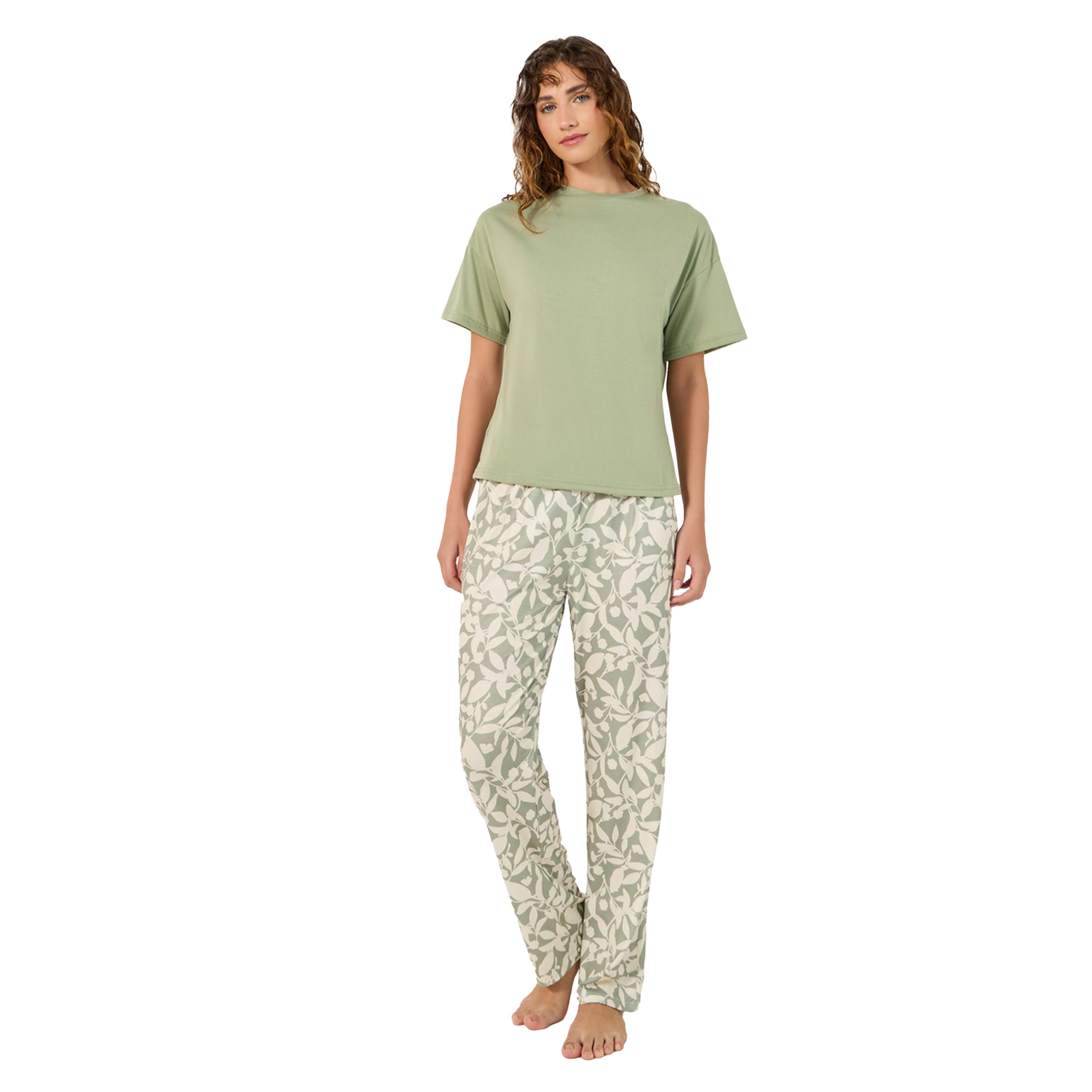 Styli Solid Dropped Shoulder T-Shirt and Leaf Printed Pyjama Pants Set-women-clothing-nightwear-pyjamas-longsets-image-1