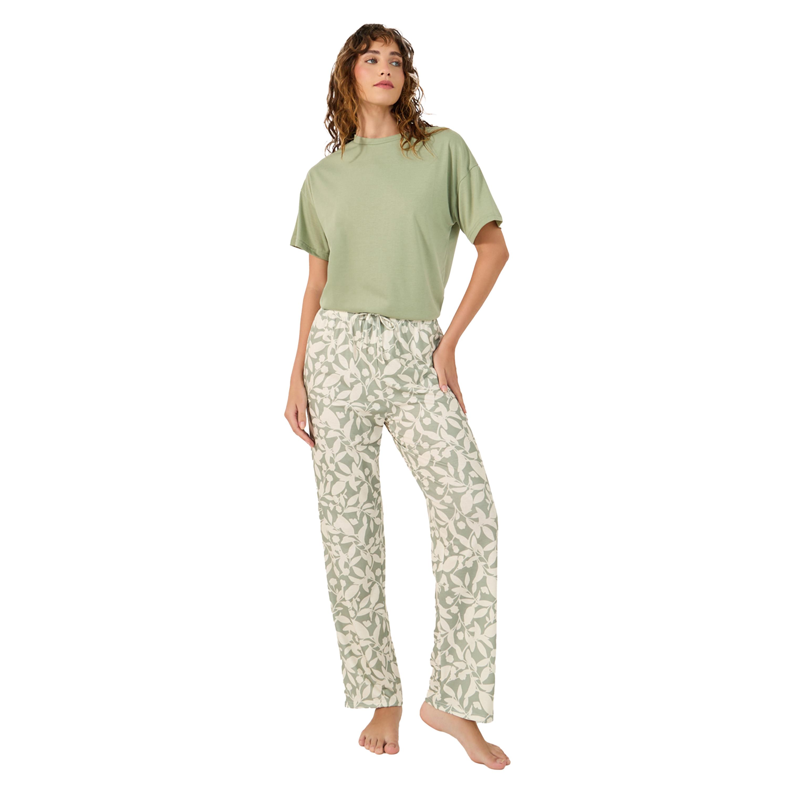Styli Solid Dropped Shoulder T-Shirt and Leaf Printed Pyjama Pants Set-women-clothing-nightwear-pyjamas-longsets-image-2