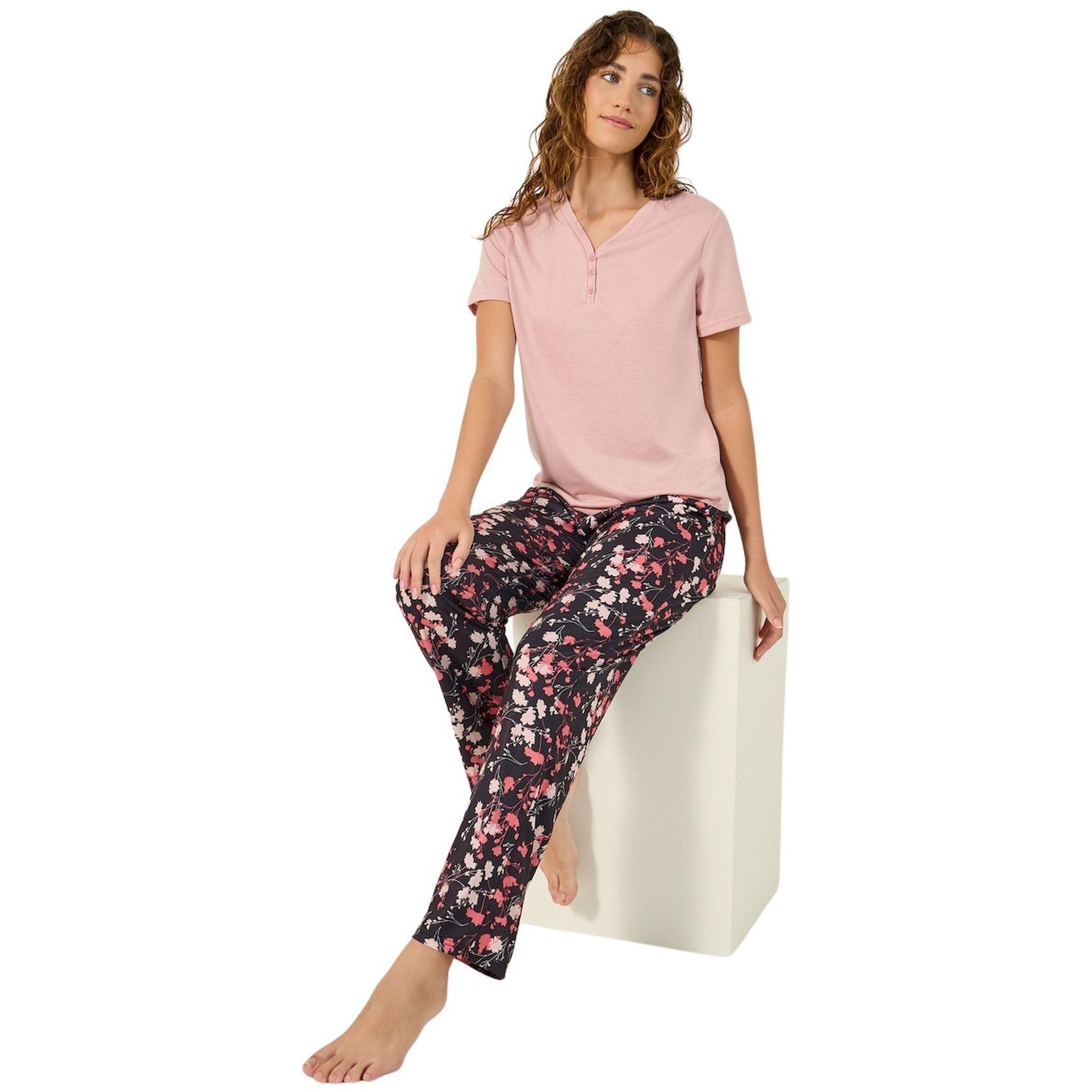 ستايلي -  طقم تي شيرت سادة بأزرار وبنطال بيجاما بطبعة زهور-women-clothing-nightwear-pyjamas-longsets-image-1