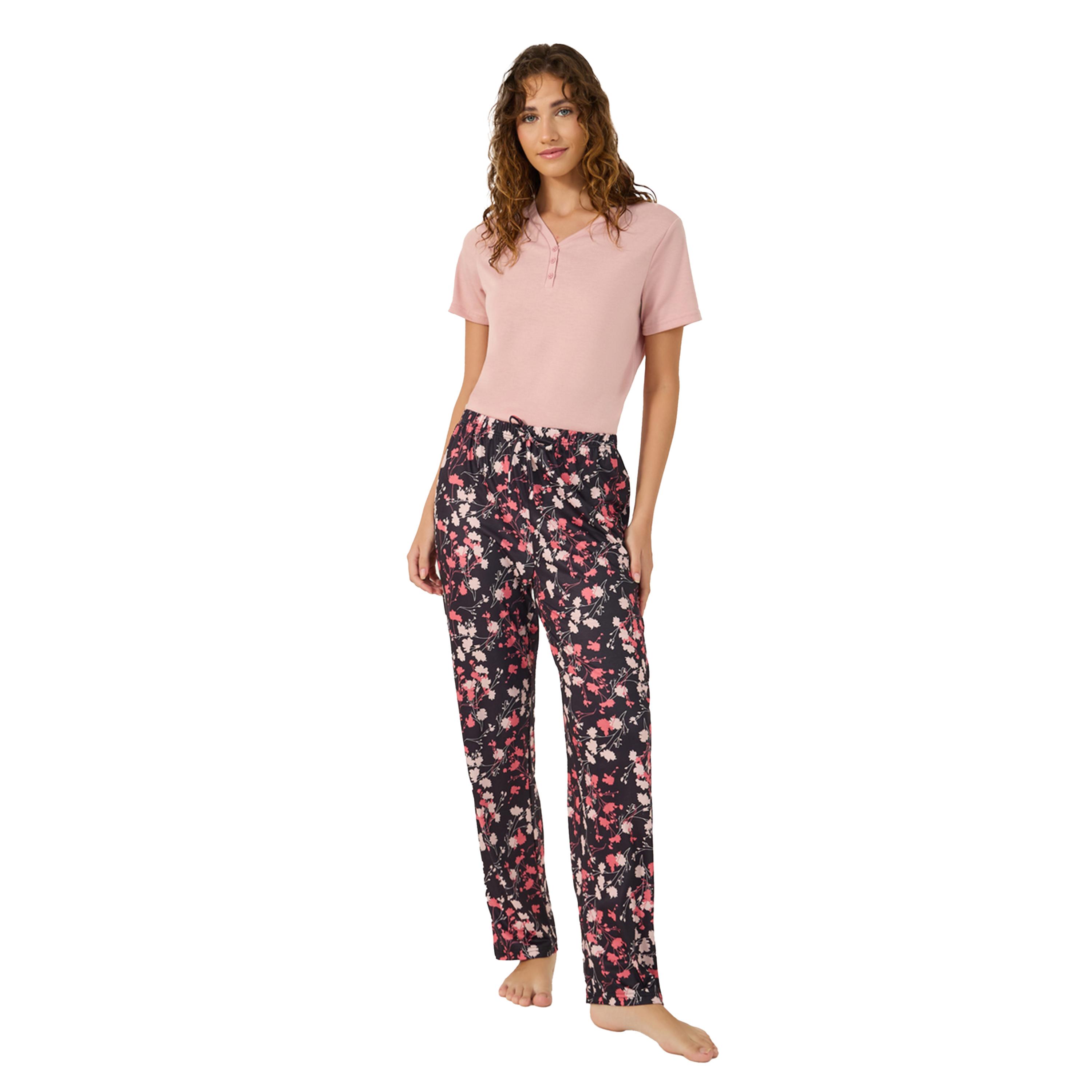 Styli Solid Button Placket T-Shirt and Floral Print Pyjama Pants Set-women-clothing-nightwear-pyjamas-longsets-image-2