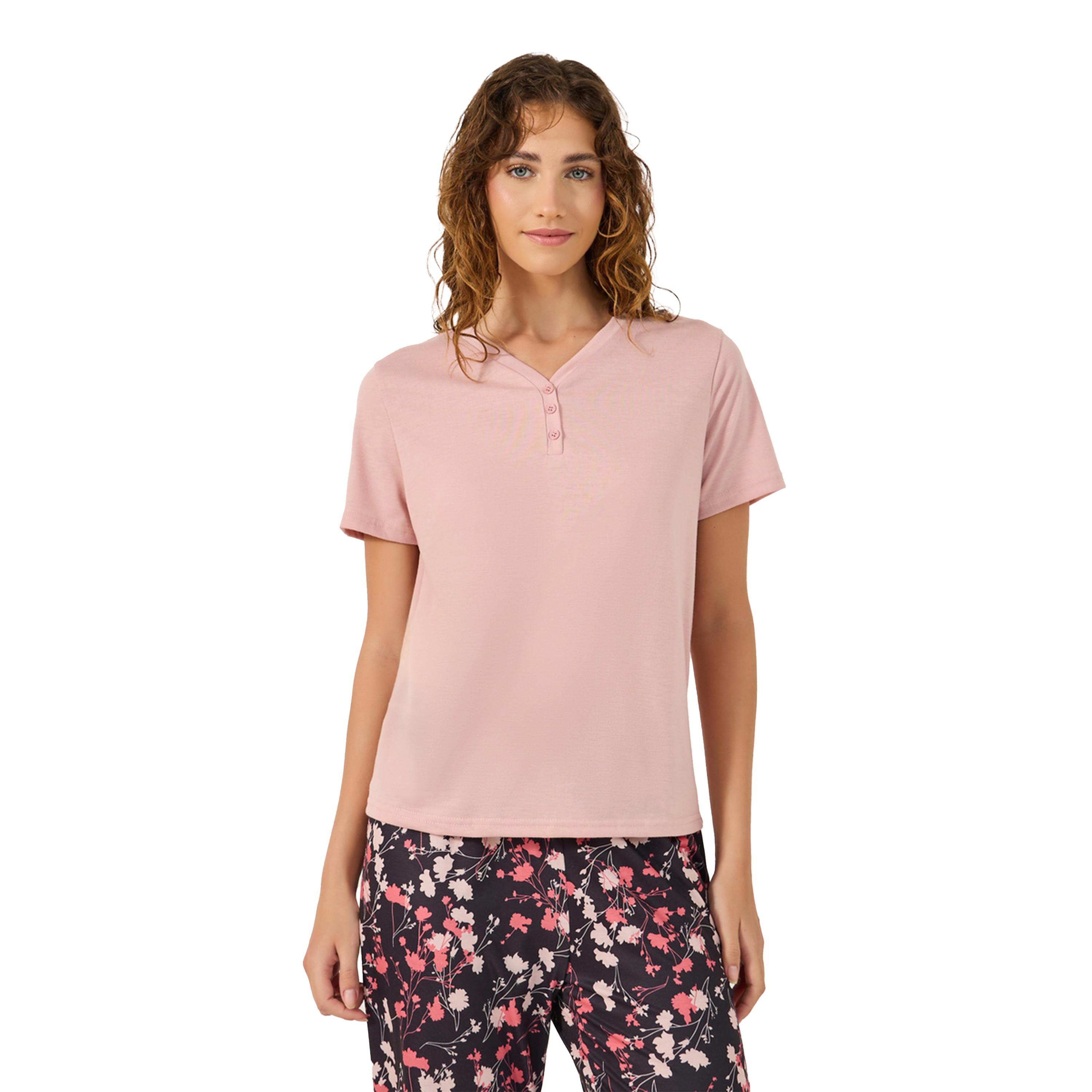 Styli Solid Button Placket T-Shirt and Floral Print Pyjama Pants Set-women-clothing-nightwear-pyjamas-longsets-image-3