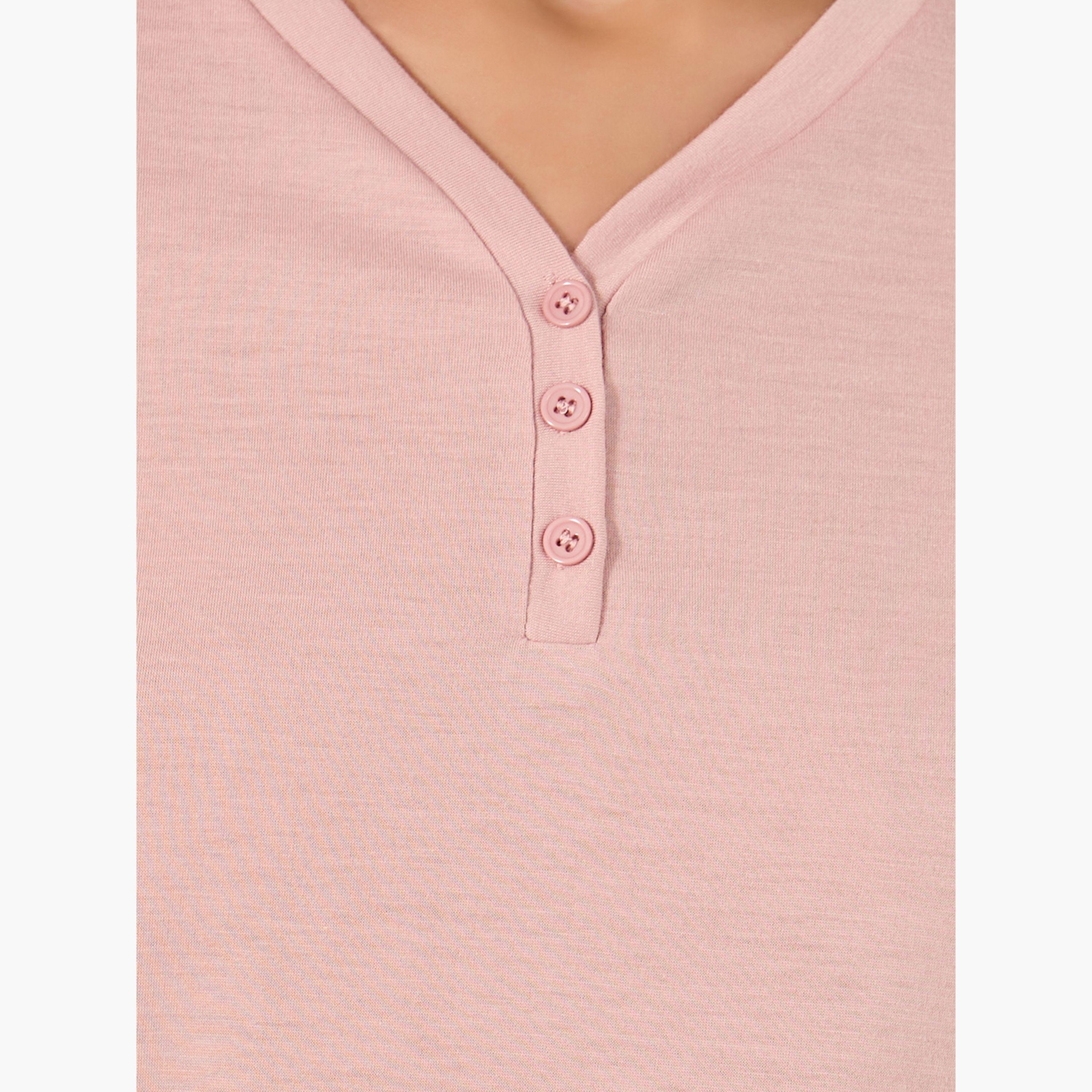 Styli Solid Button Placket T-Shirt and Floral Print Pyjama Pants Set-women-clothing-nightwear-pyjamas-longsets-image-4