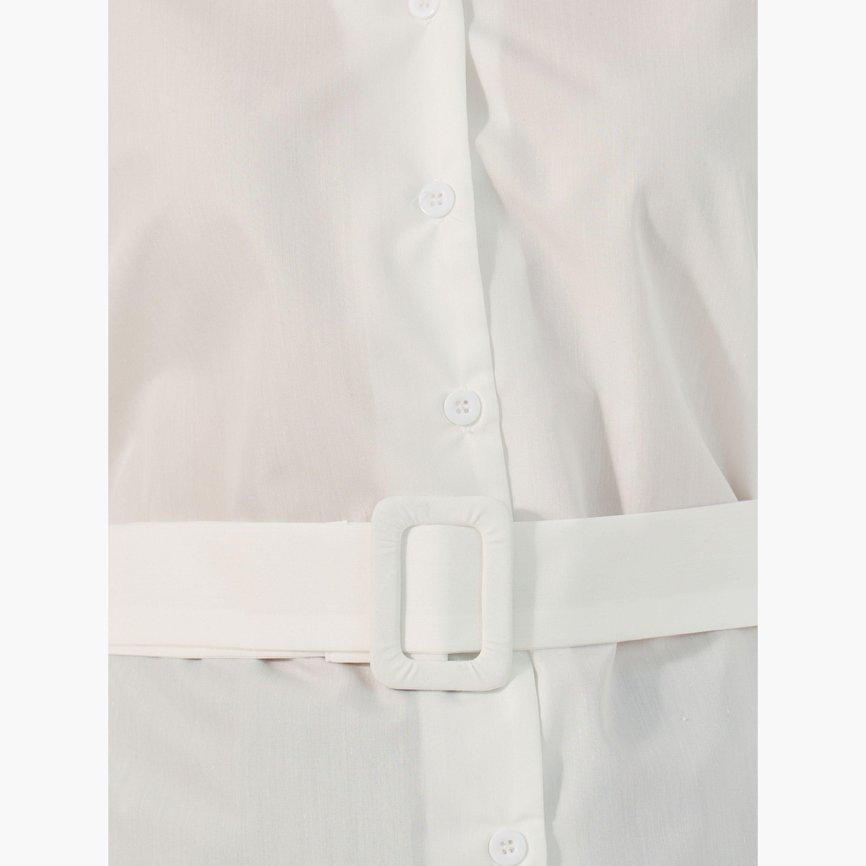 Styli Solid Button-Down Collar Plain Shirt with Belted-women-clothing-shirtsandblouses-shirts-image-3